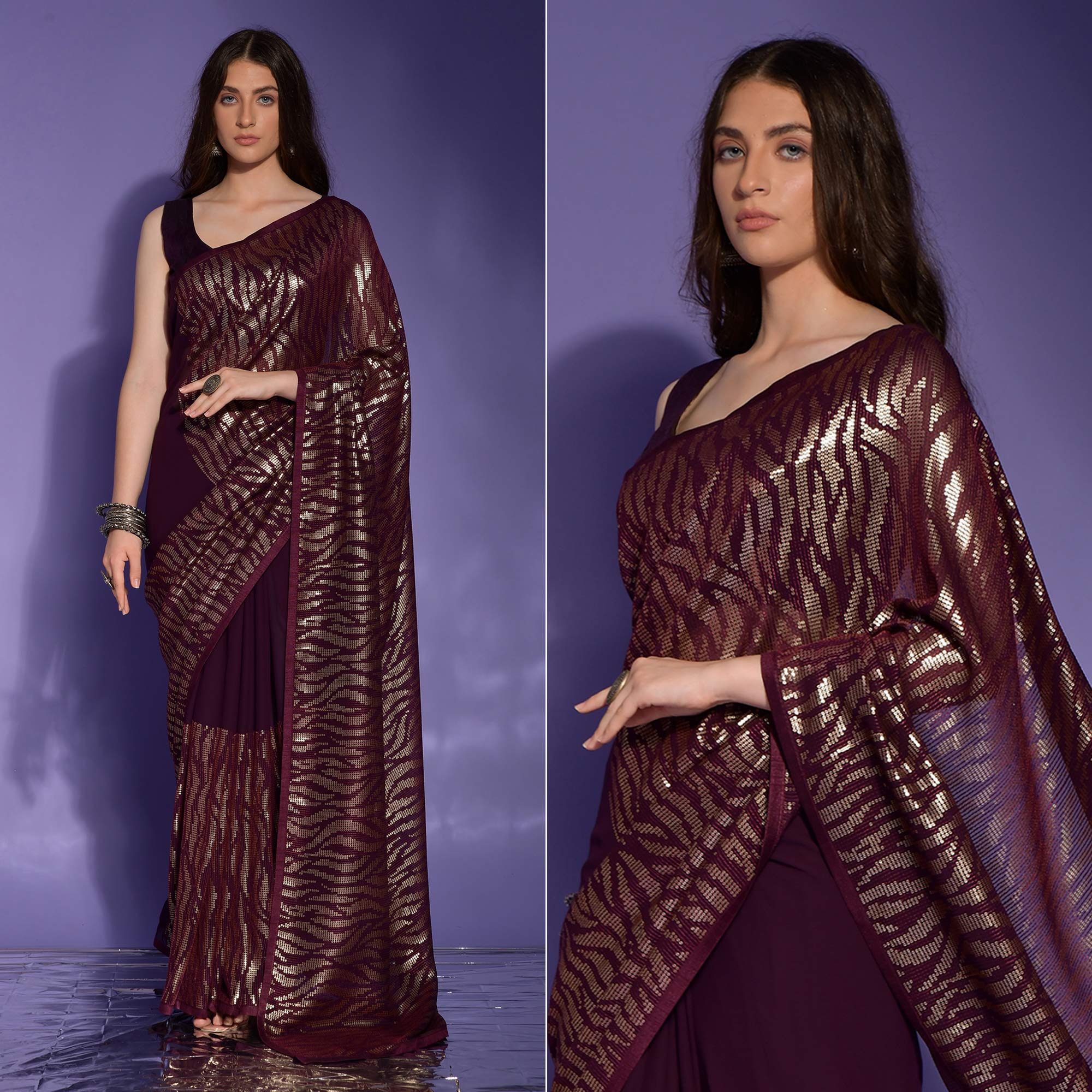 ready to wear saree inspired Wine and gold-toned sequence Embroidery work saree-Bridesmaid 1 min Georgette saree with partywear sari