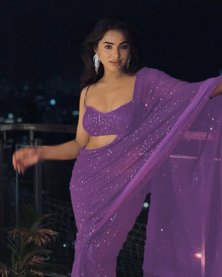Purple Color Stylist Captivating Designer Saree With Sequins Magic Radiating It's Enthralling Beauty and Enticing feel