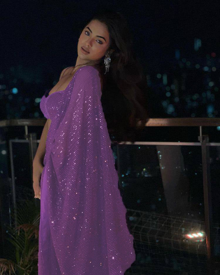 Purple Color Stylist Captivating Designer Saree With Sequins Magic Radiating It's Enthralling Beauty and Enticing feel