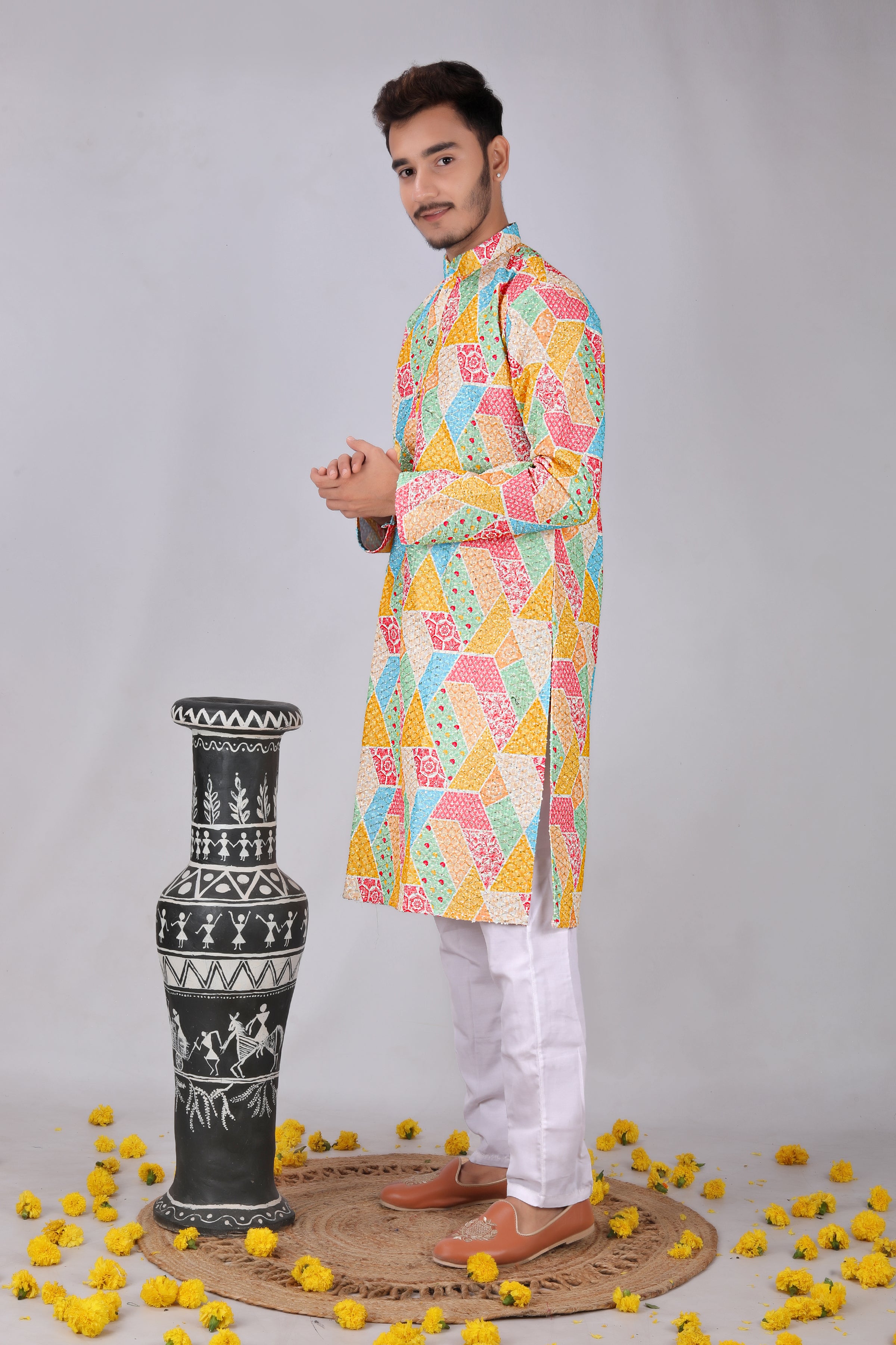 Ethnic colorfull Motifs Printed Mandarin Collar Kurta