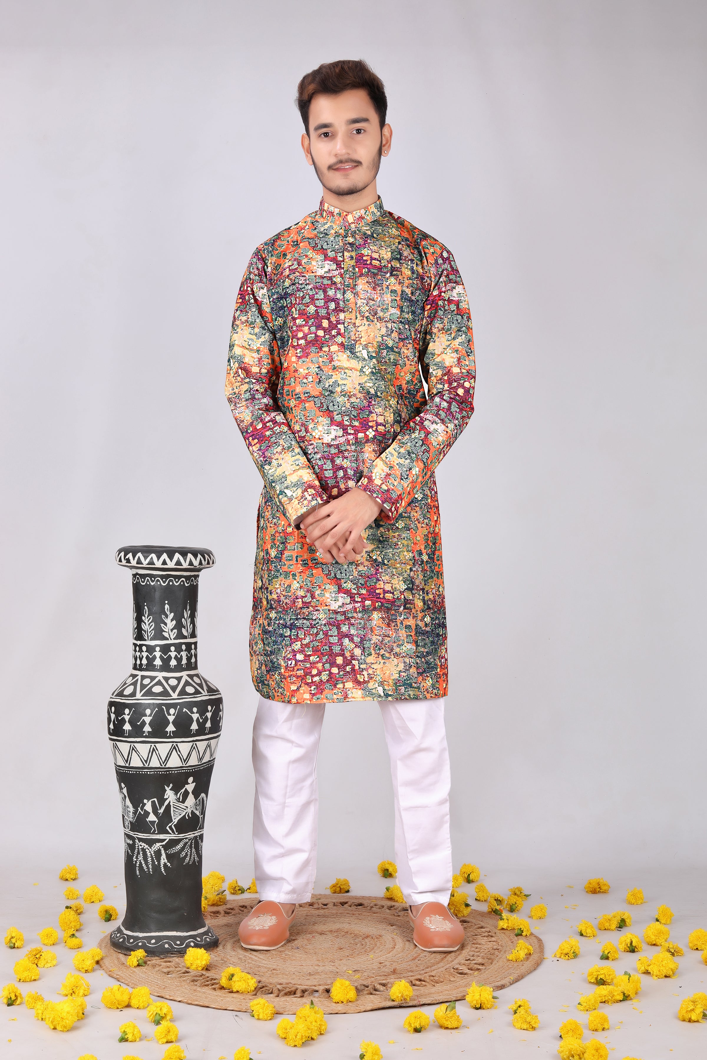 Vibrant Traditional multicolor Printed Mandarin Collar Kurta