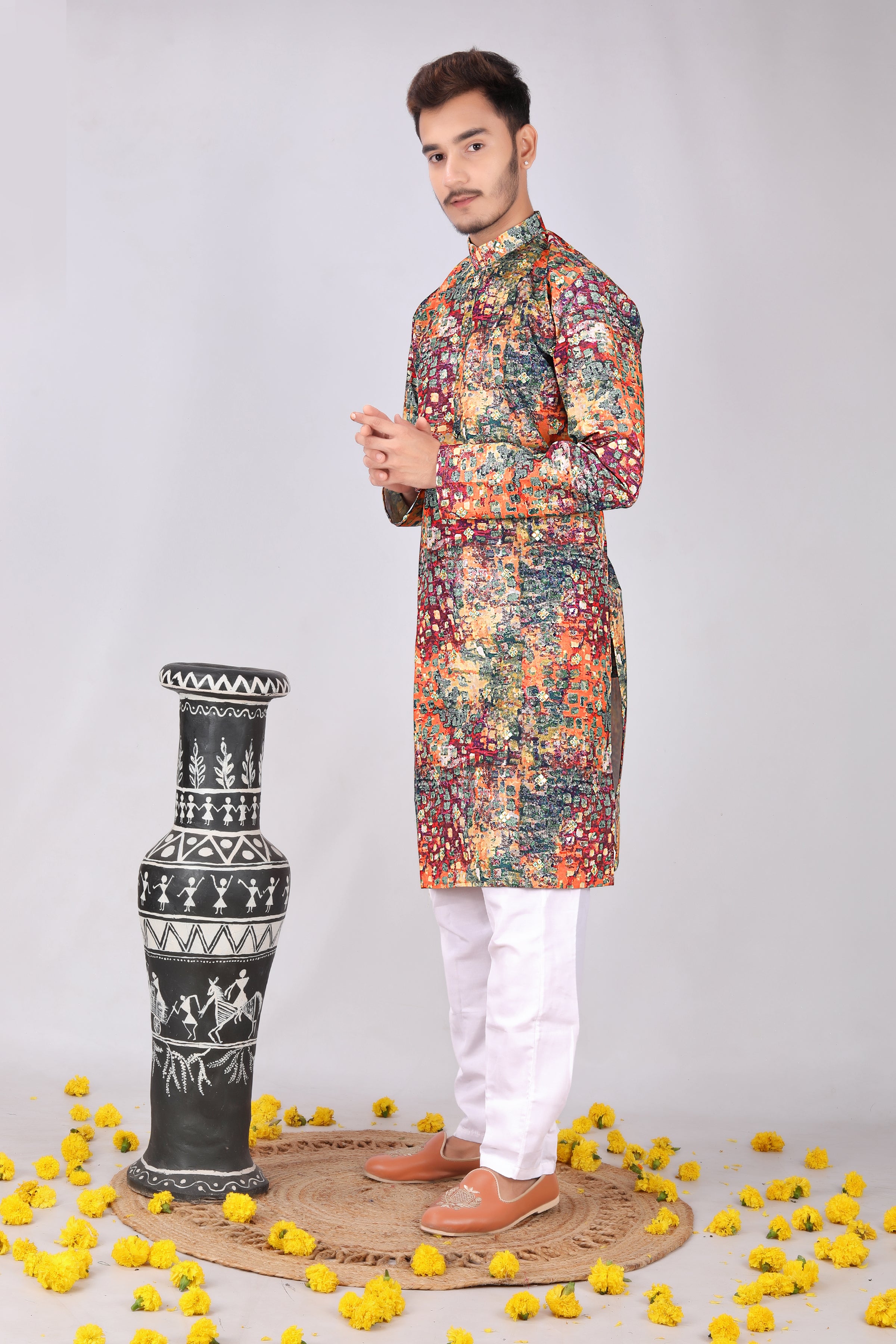 Vibrant Traditional multicolor Printed Mandarin Collar Kurta