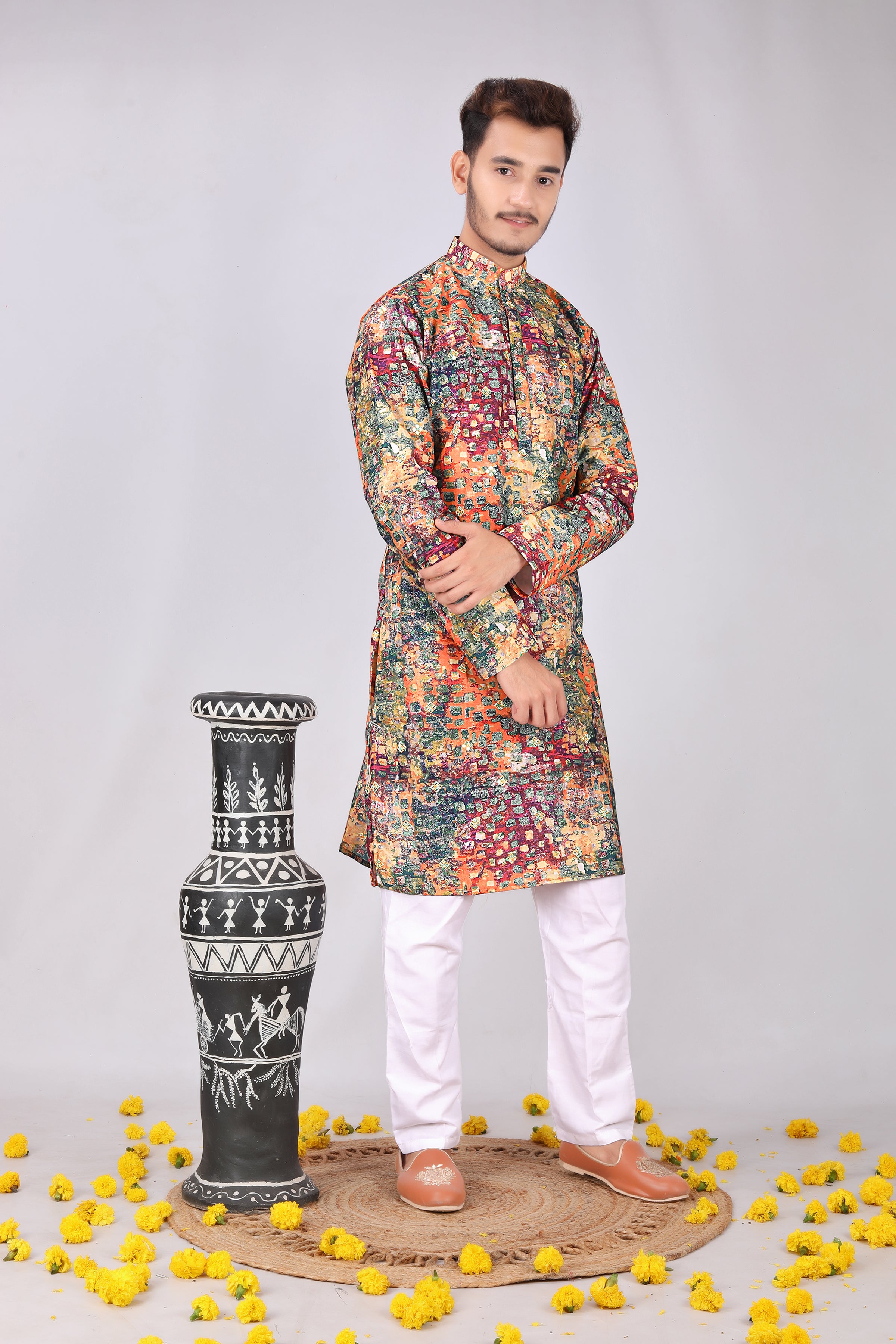 Vibrant Traditional multicolor Printed Mandarin Collar Kurta
