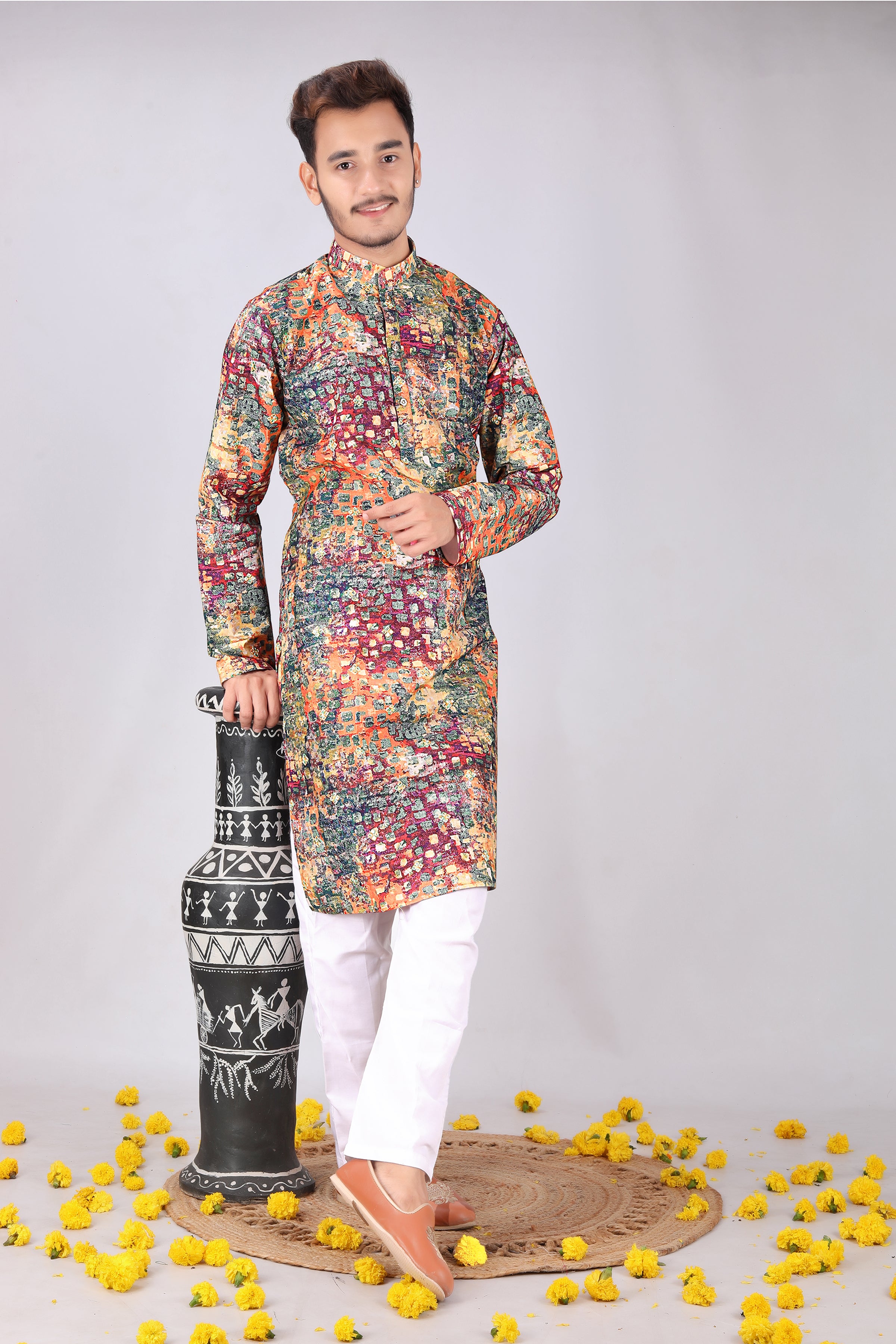 Vibrant Traditional multicolor Printed Mandarin Collar Kurta