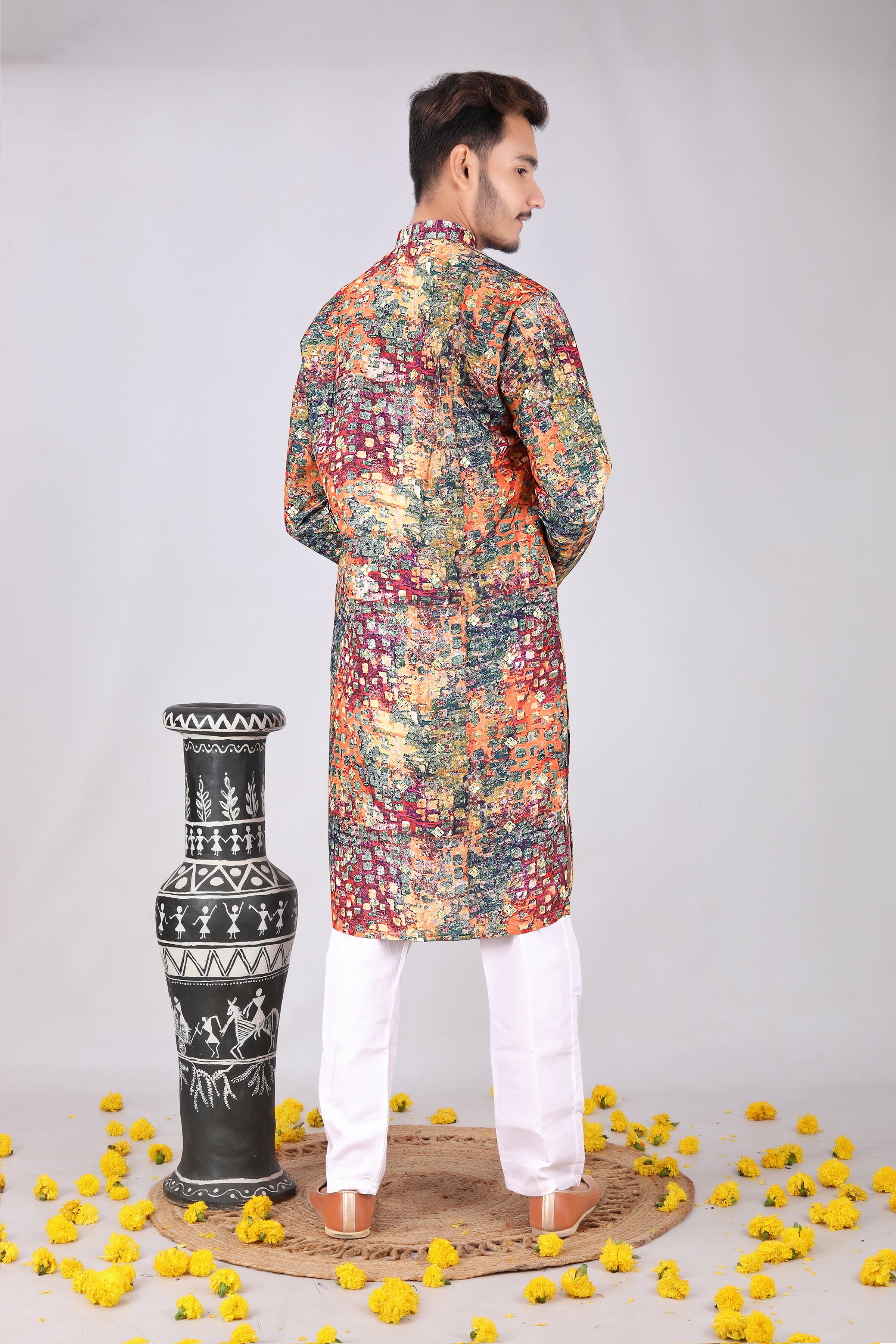 Vibrant Traditional multicolor Printed Mandarin Collar Kurta