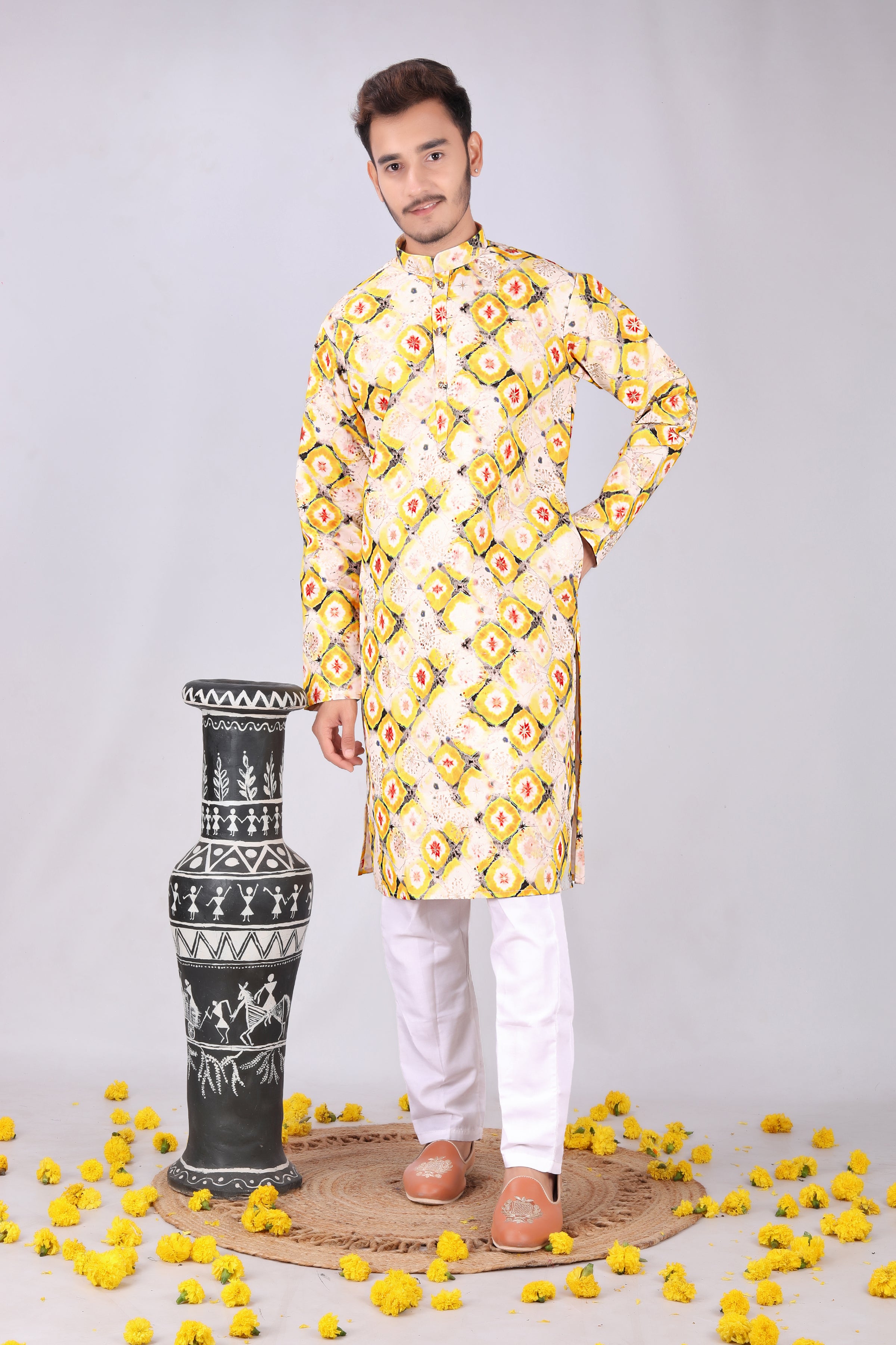 Elegant Yellow Floral Printed Mandarin Collar Kurta