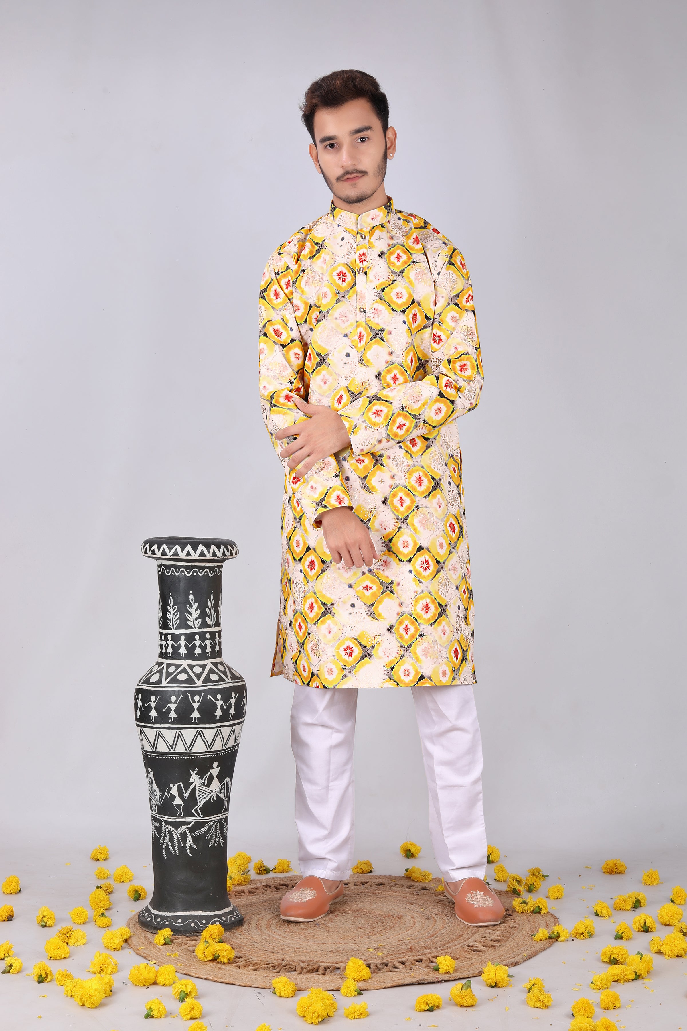 Elegant Yellow Floral Printed Mandarin Collar Kurta