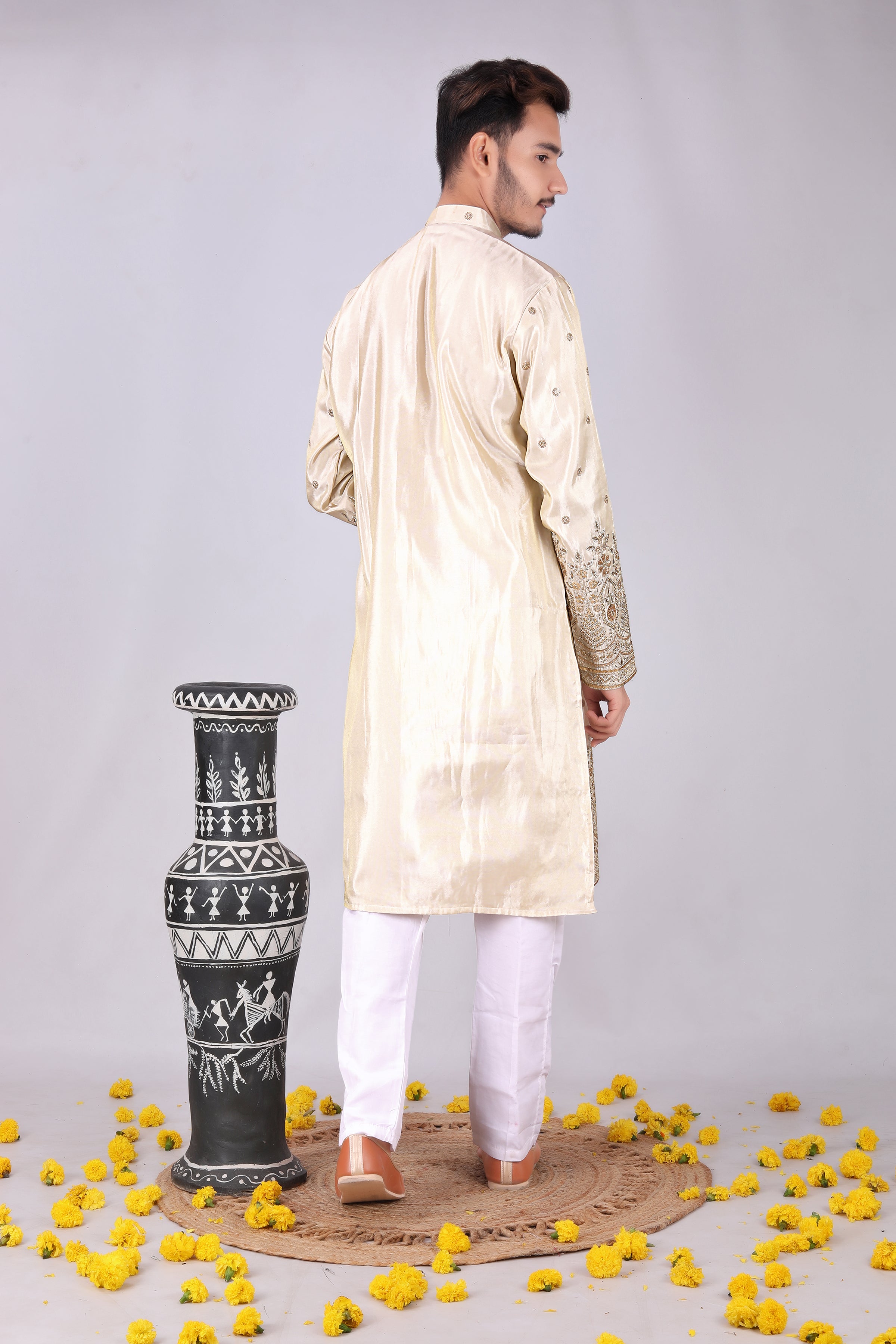 Golden Embroidery flower designer Men's Kurta