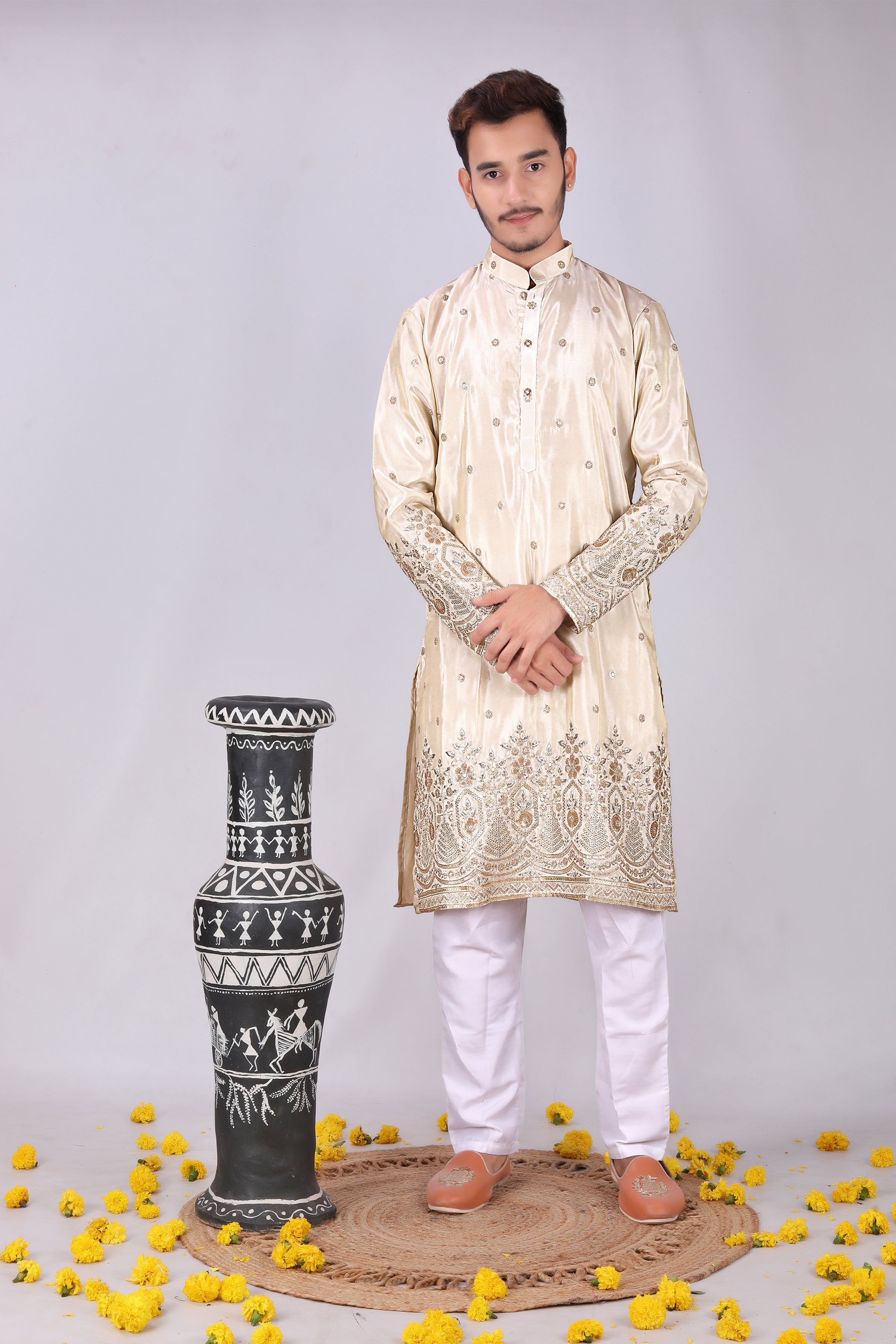 Golden Embroidery flower designer Men's Kurta