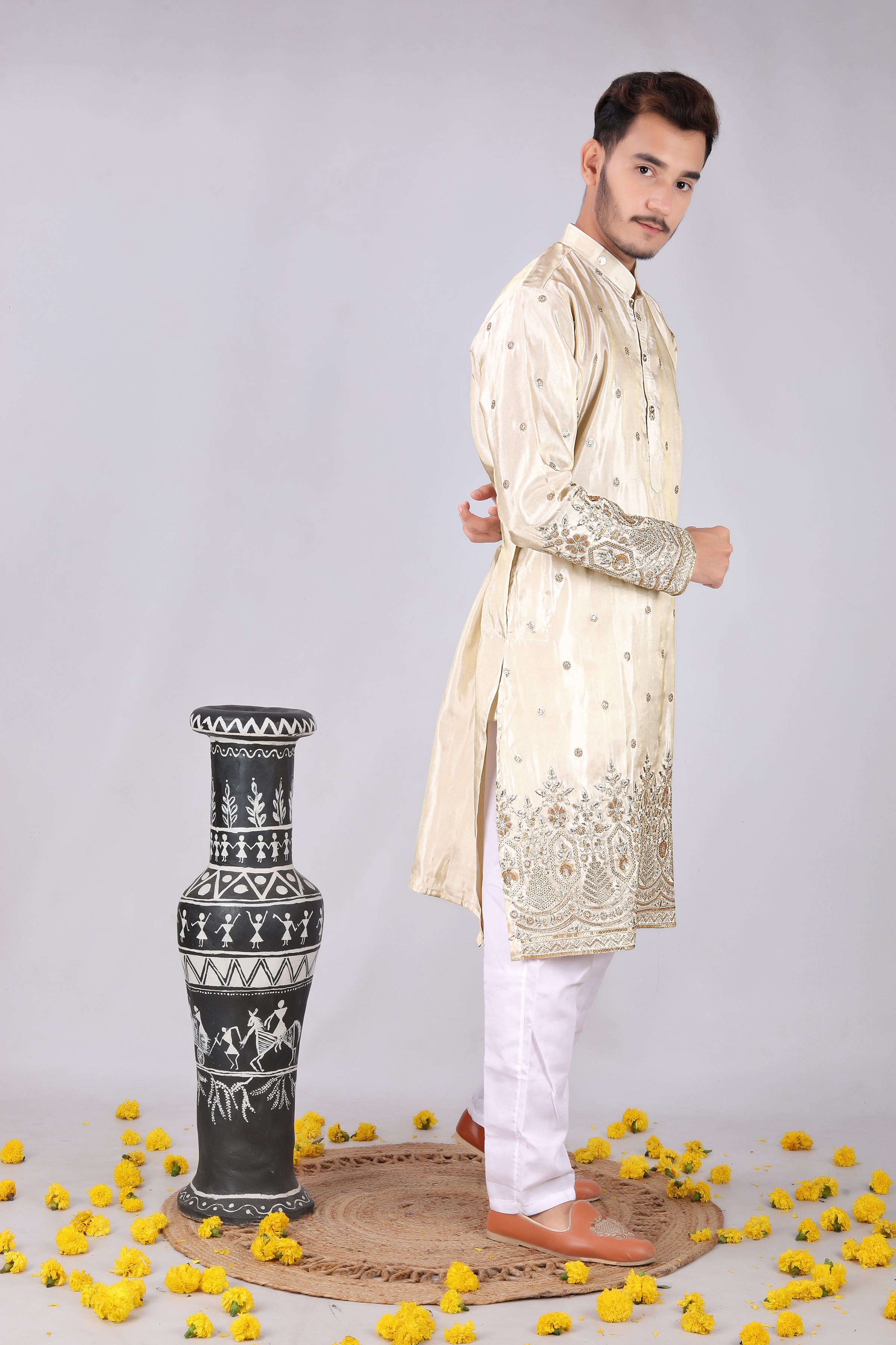 Golden Embroidery flower designer Men's Kurta