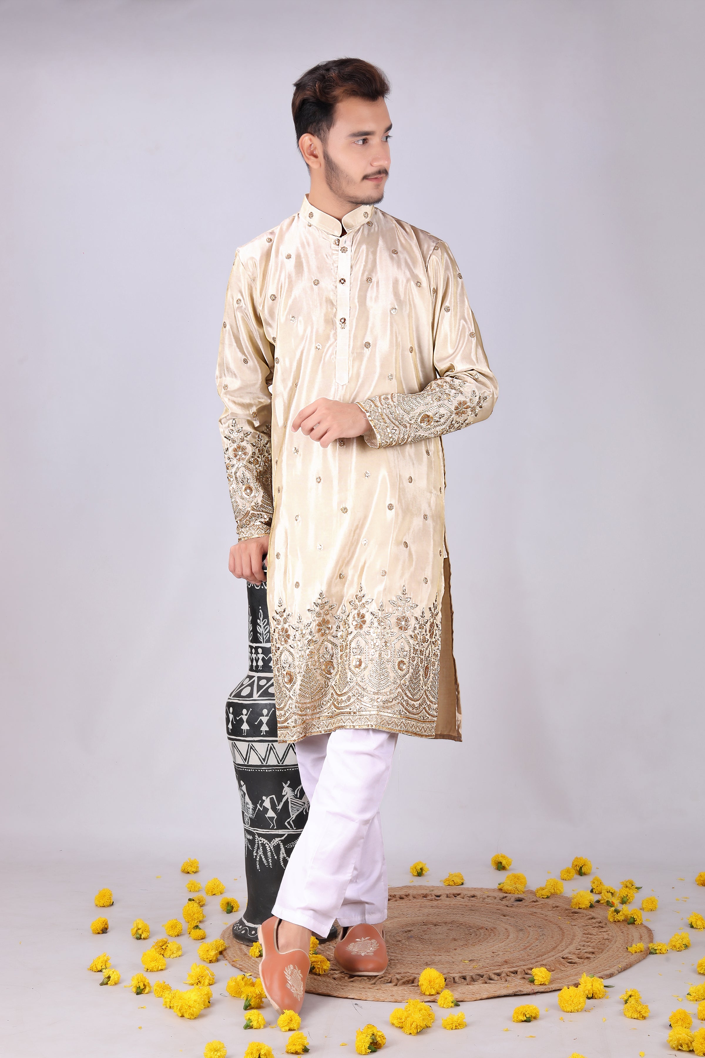 Golden Embroidery flower designer Men's Kurta
