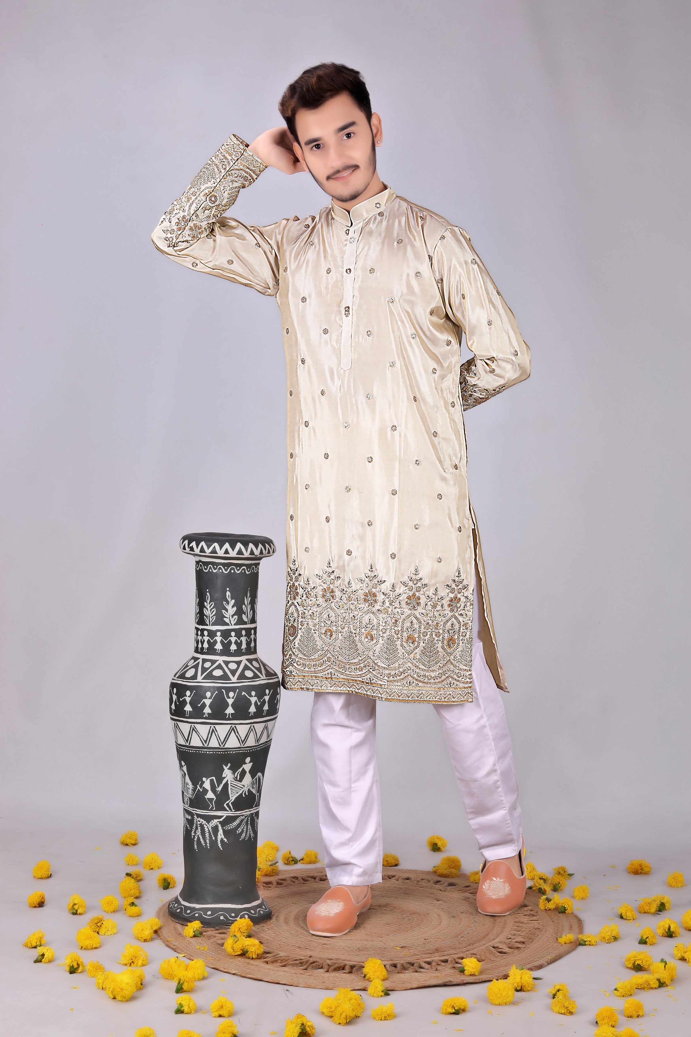 Golden Embroidery flower designer Men's Kurta