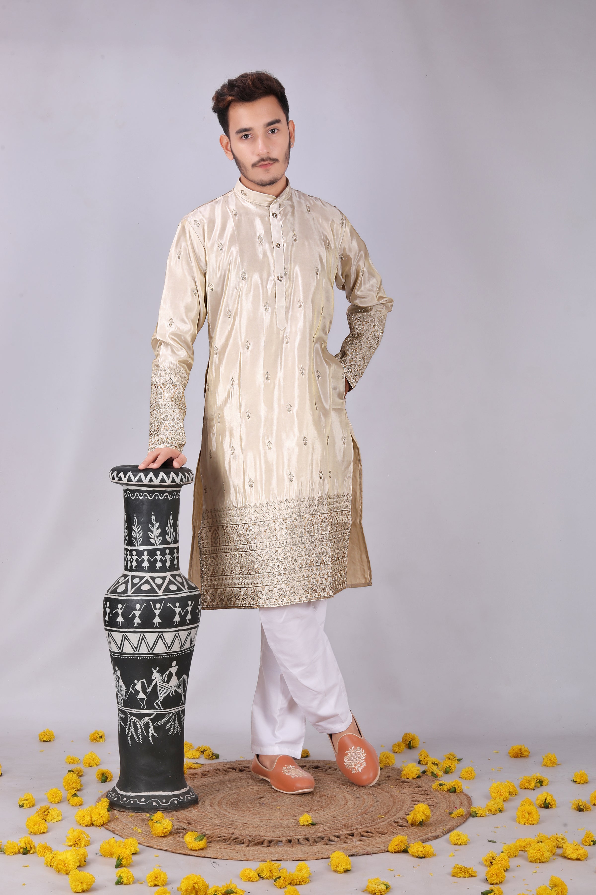 Golden glow Embroidery designer Men's Kurta