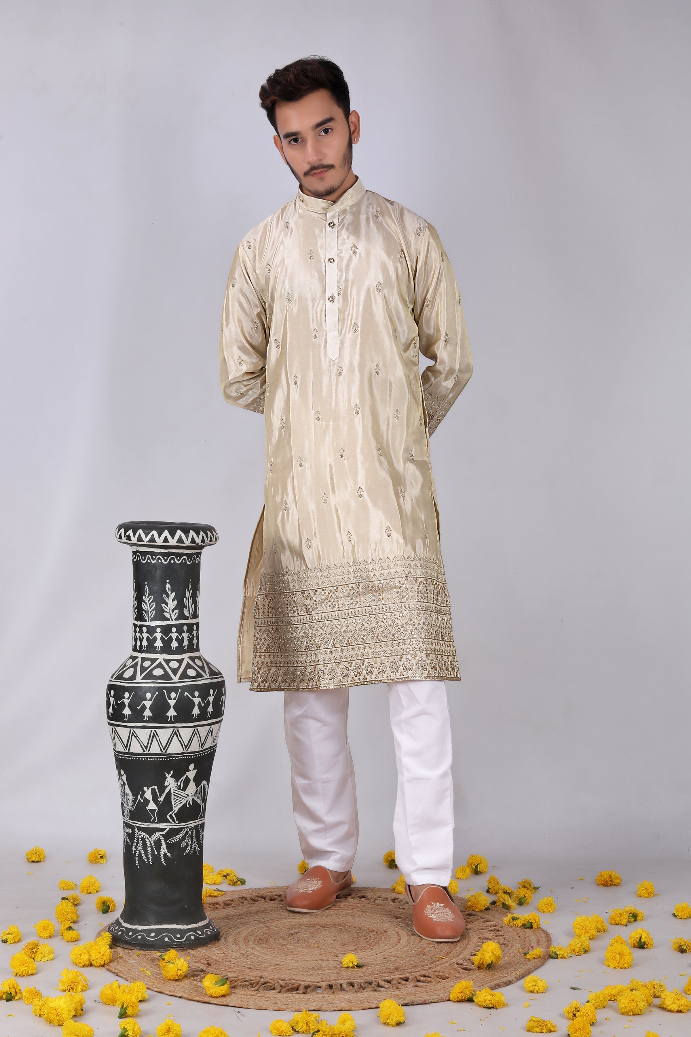 Golden glow Embroidery designer Men's Kurta