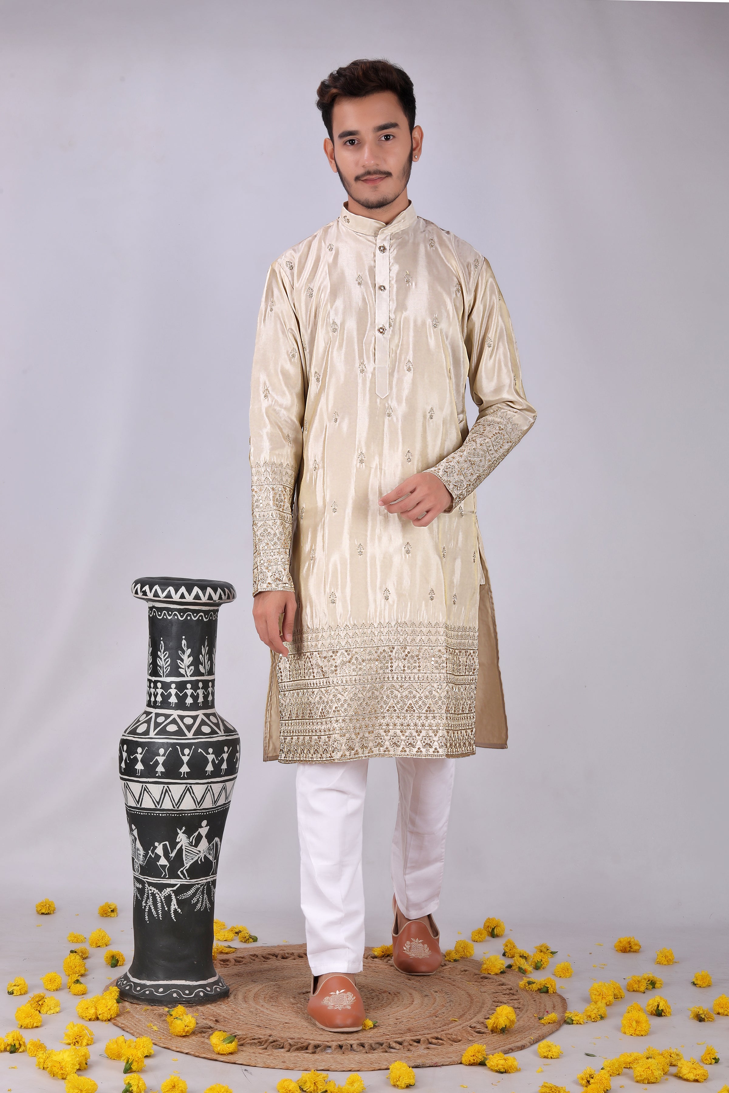 Golden glow Embroidery designer Men's Kurta