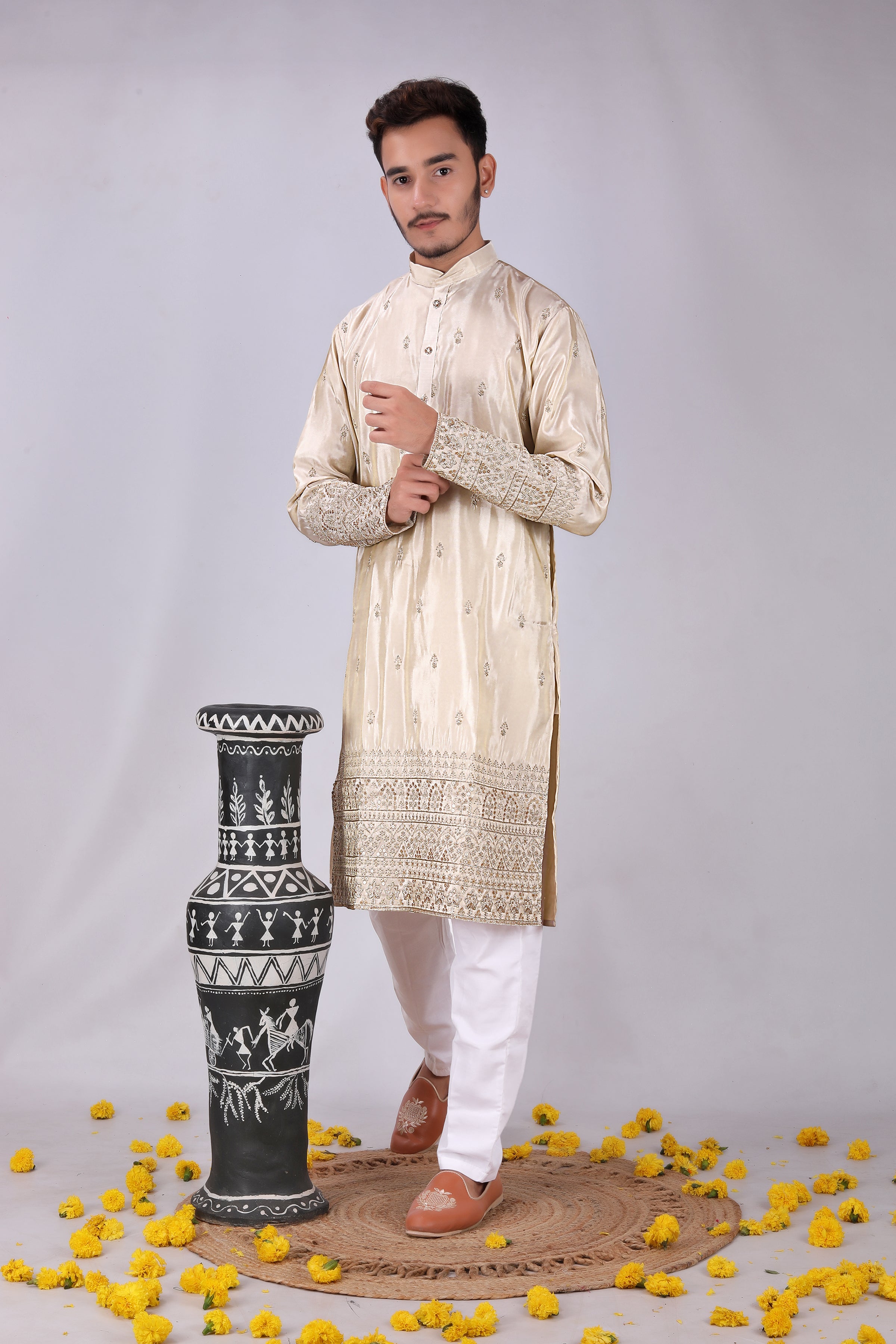 Golden glow Embroidery designer Men's Kurta
