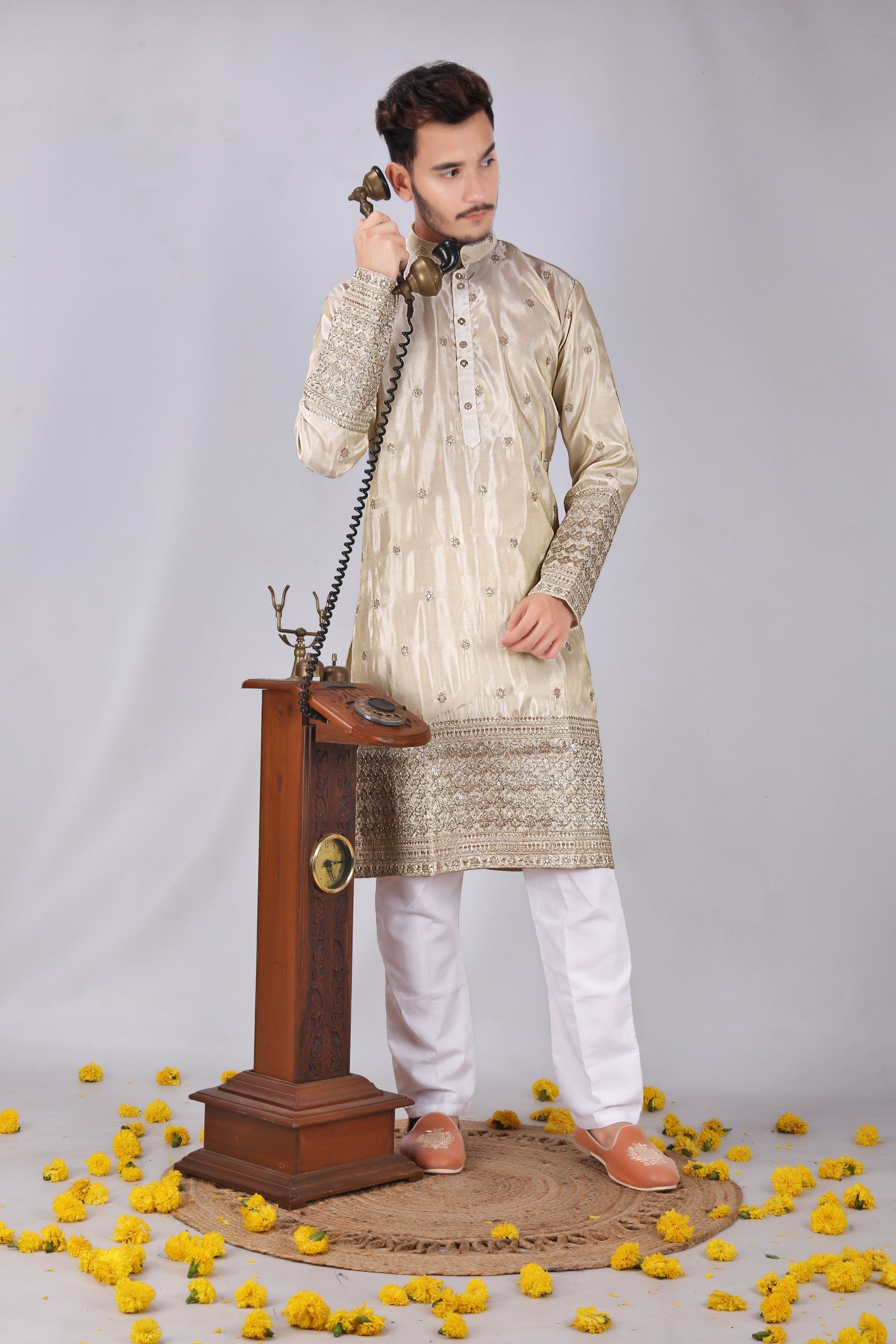 Golden rajwadi Embroidery designer Men's Kurta