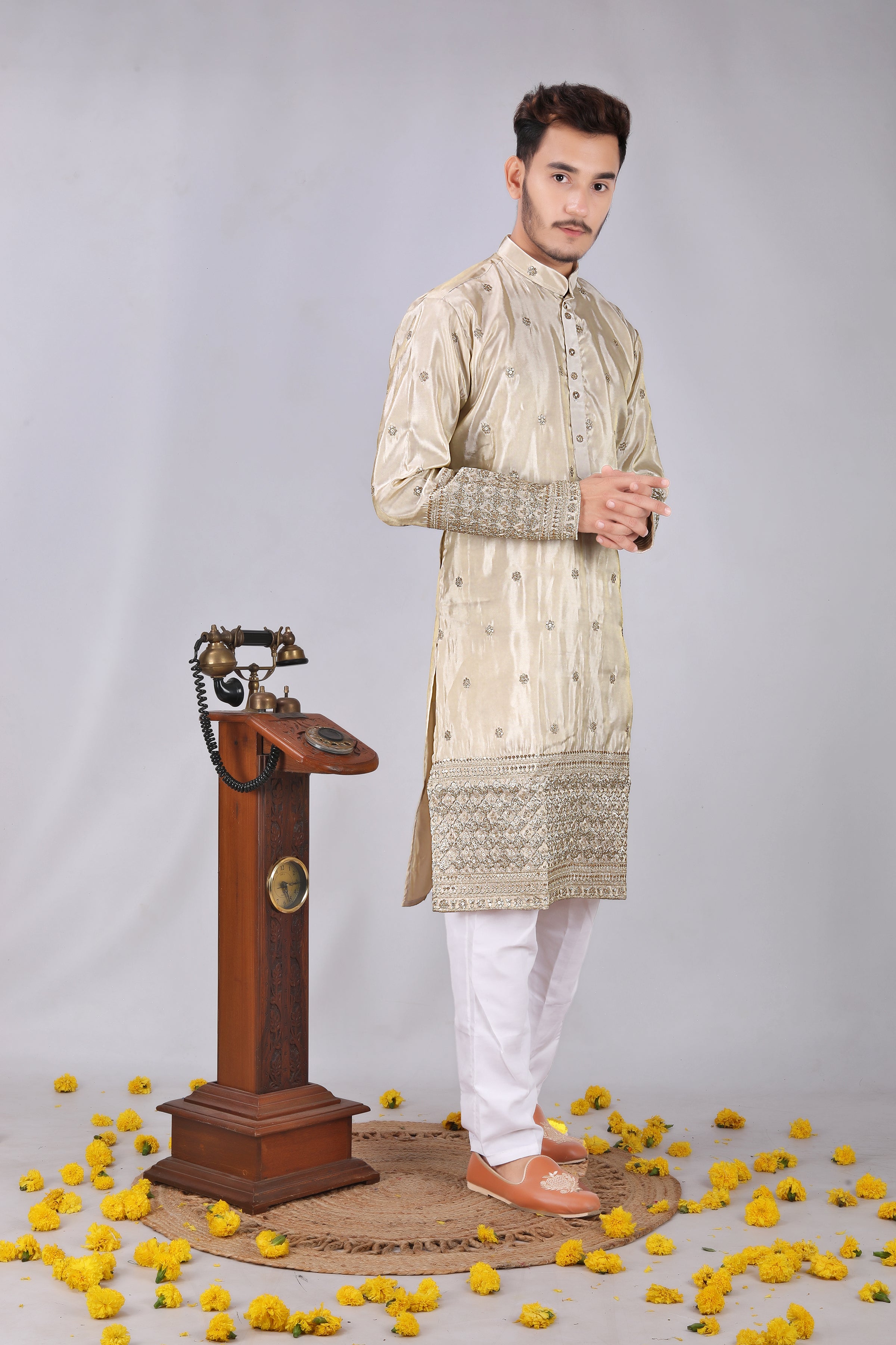 Golden rajwadi Embroidery designer Men's Kurta