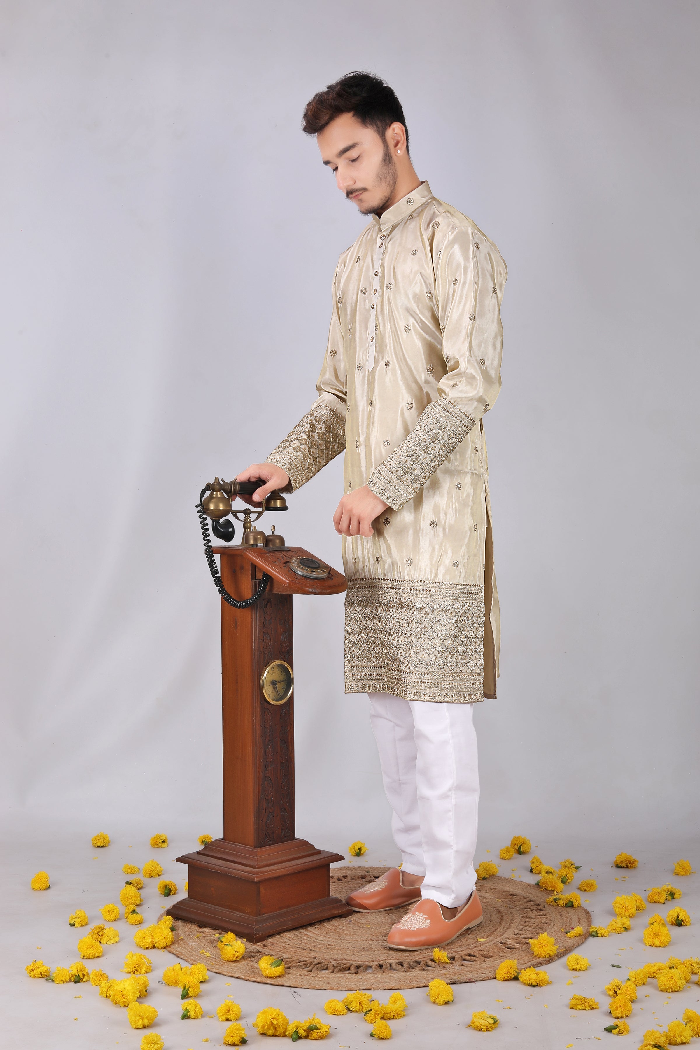 Golden rajwadi Embroidery designer Men's Kurta