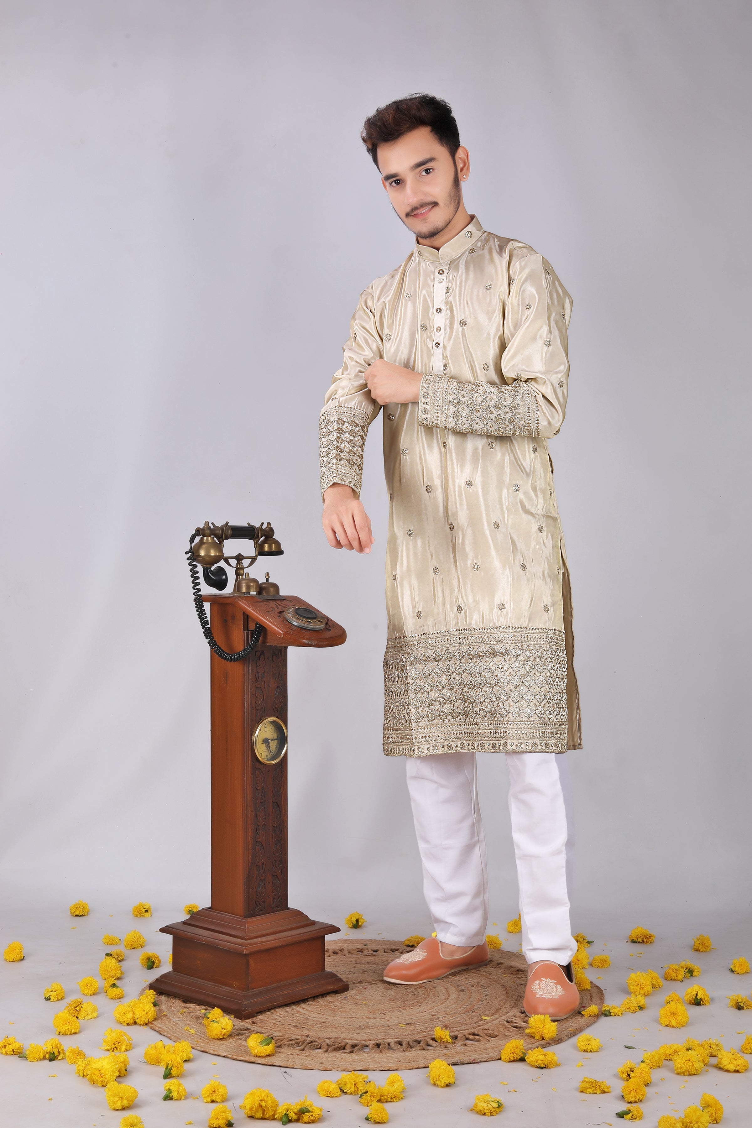 Golden rajwadi Embroidery designer Men's Kurta