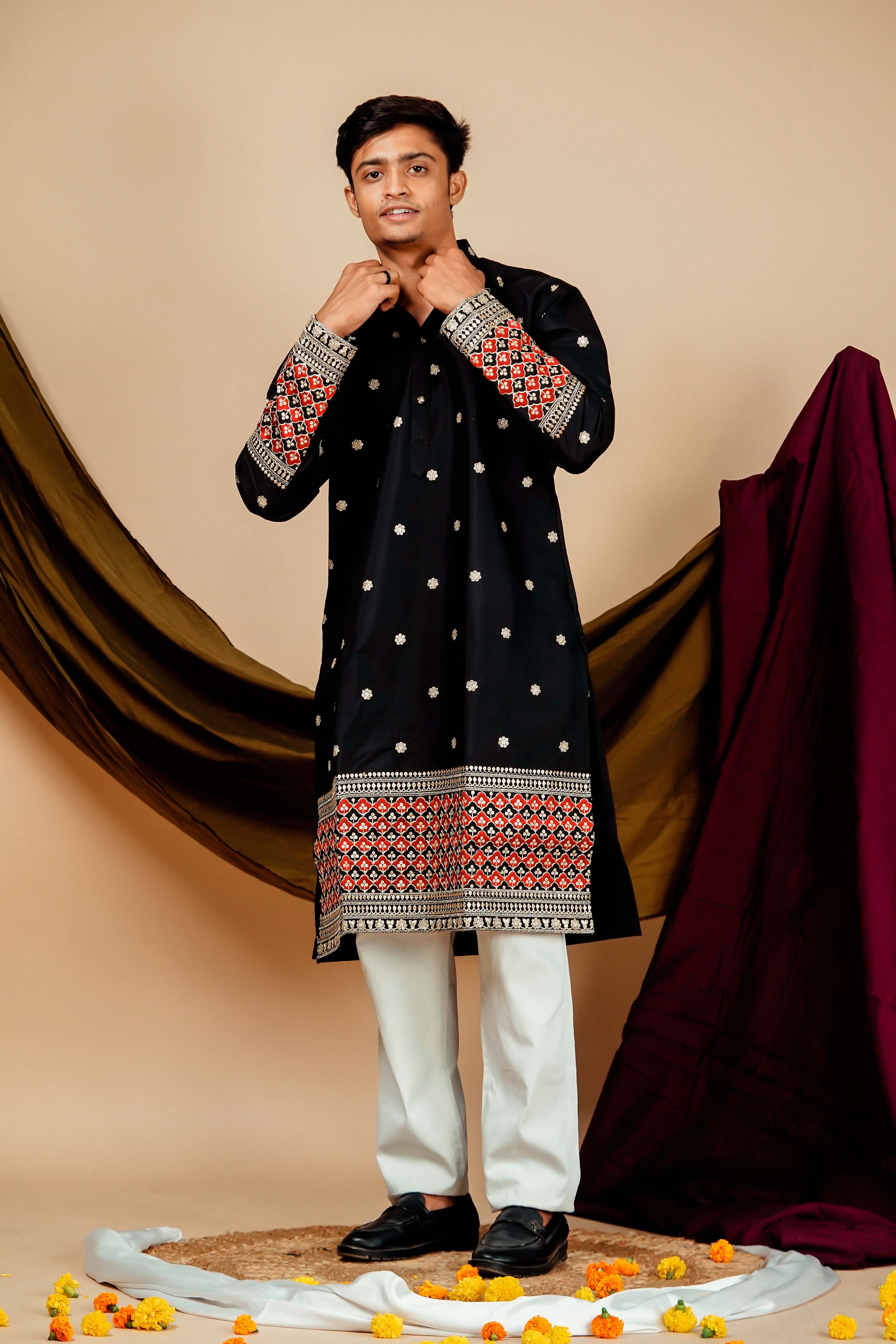 Black minara Embroidery designer Men's Kurta