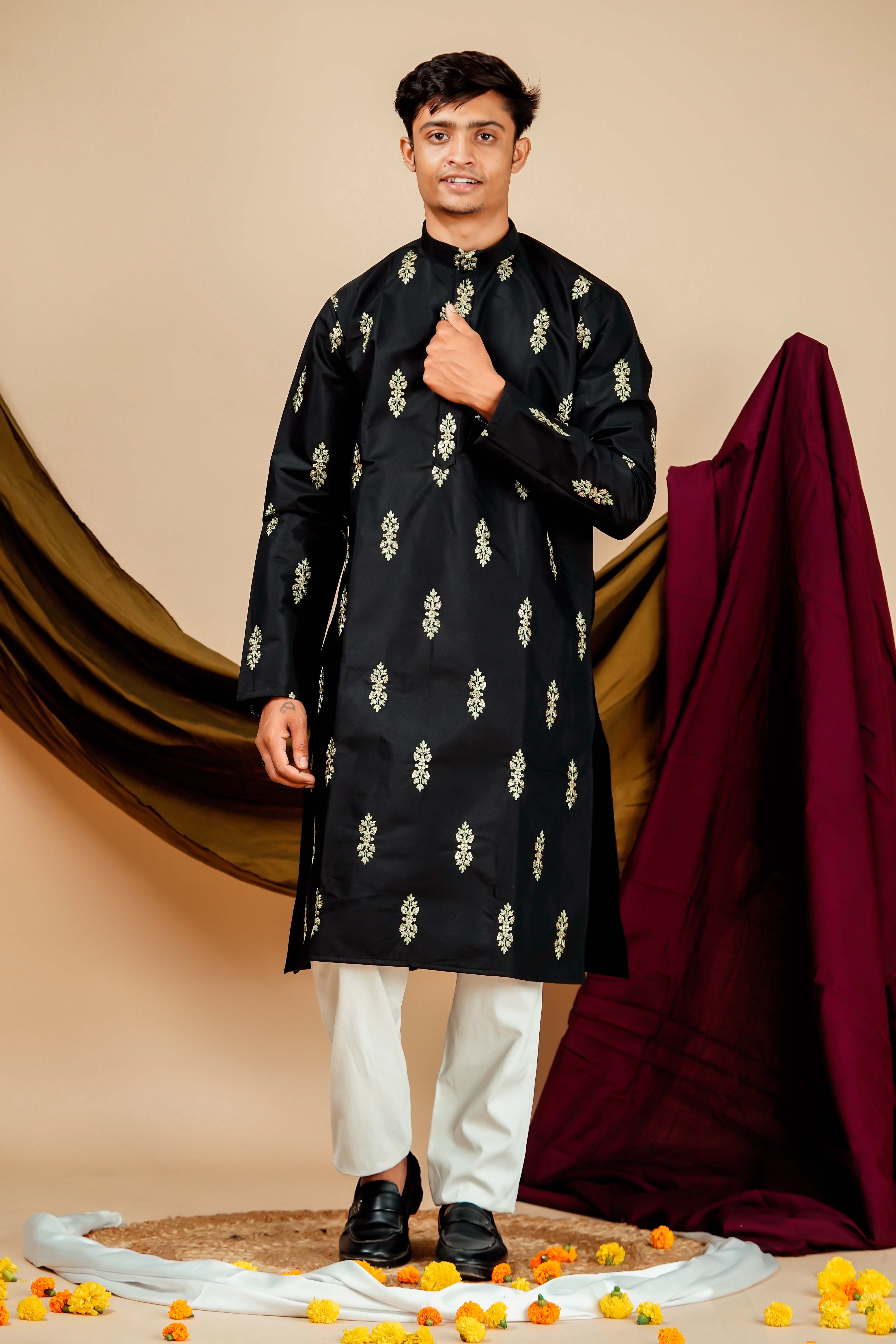 Black and Green Leaf Embrodery Work Men's Kurta