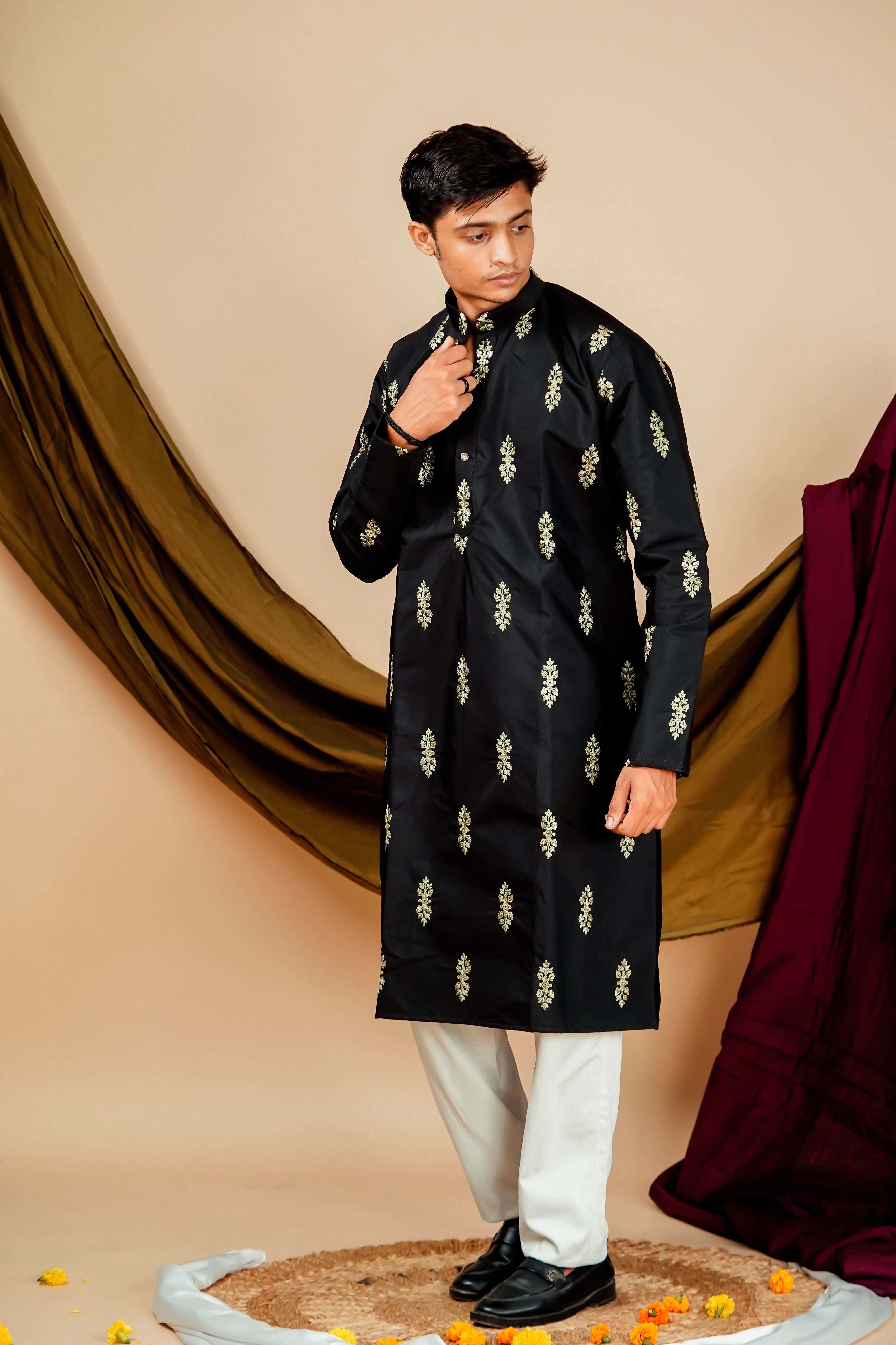 Black and Green Leaf Embrodery Work Men's Kurta