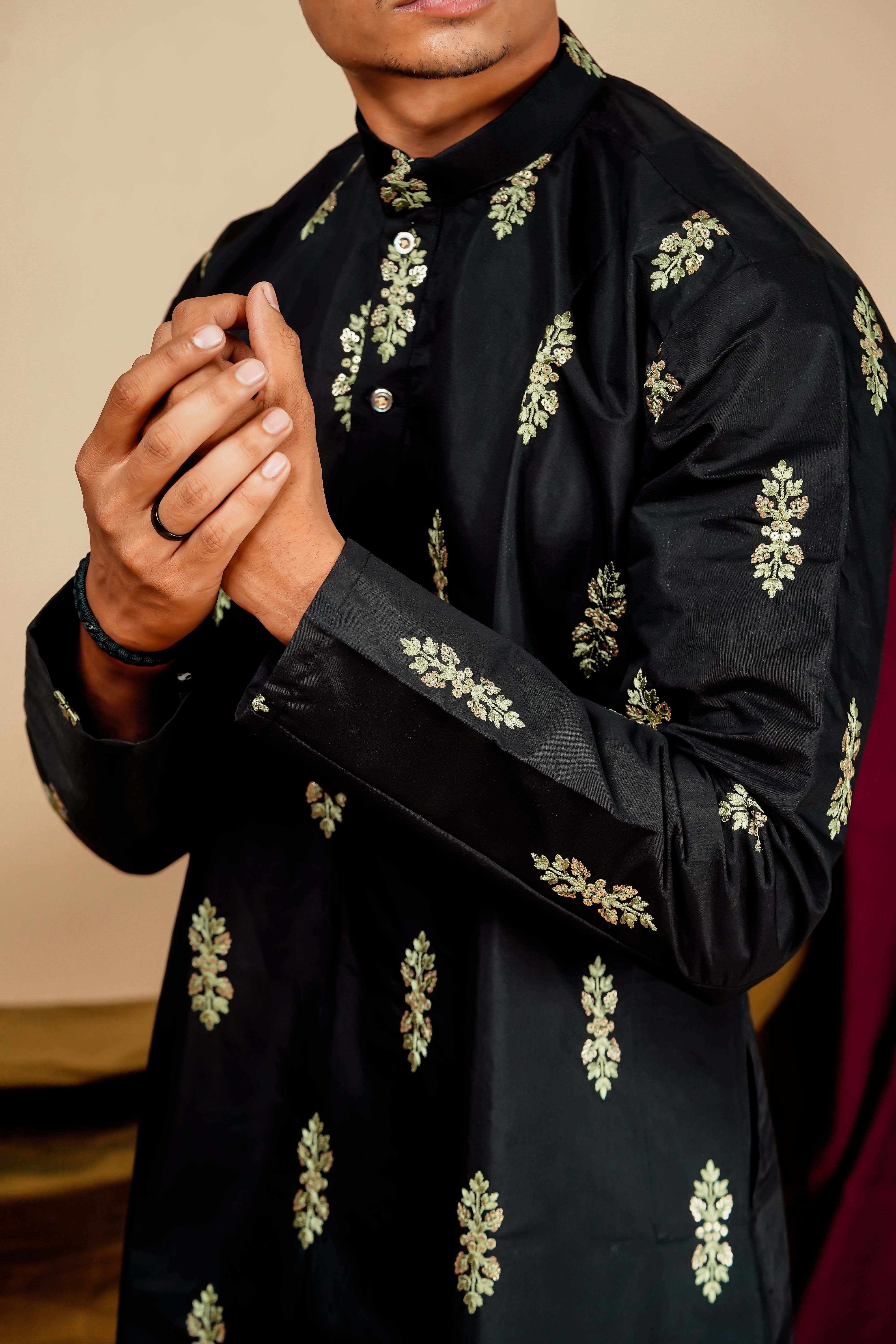 Black and Green Leaf Embrodery Work Men's Kurta