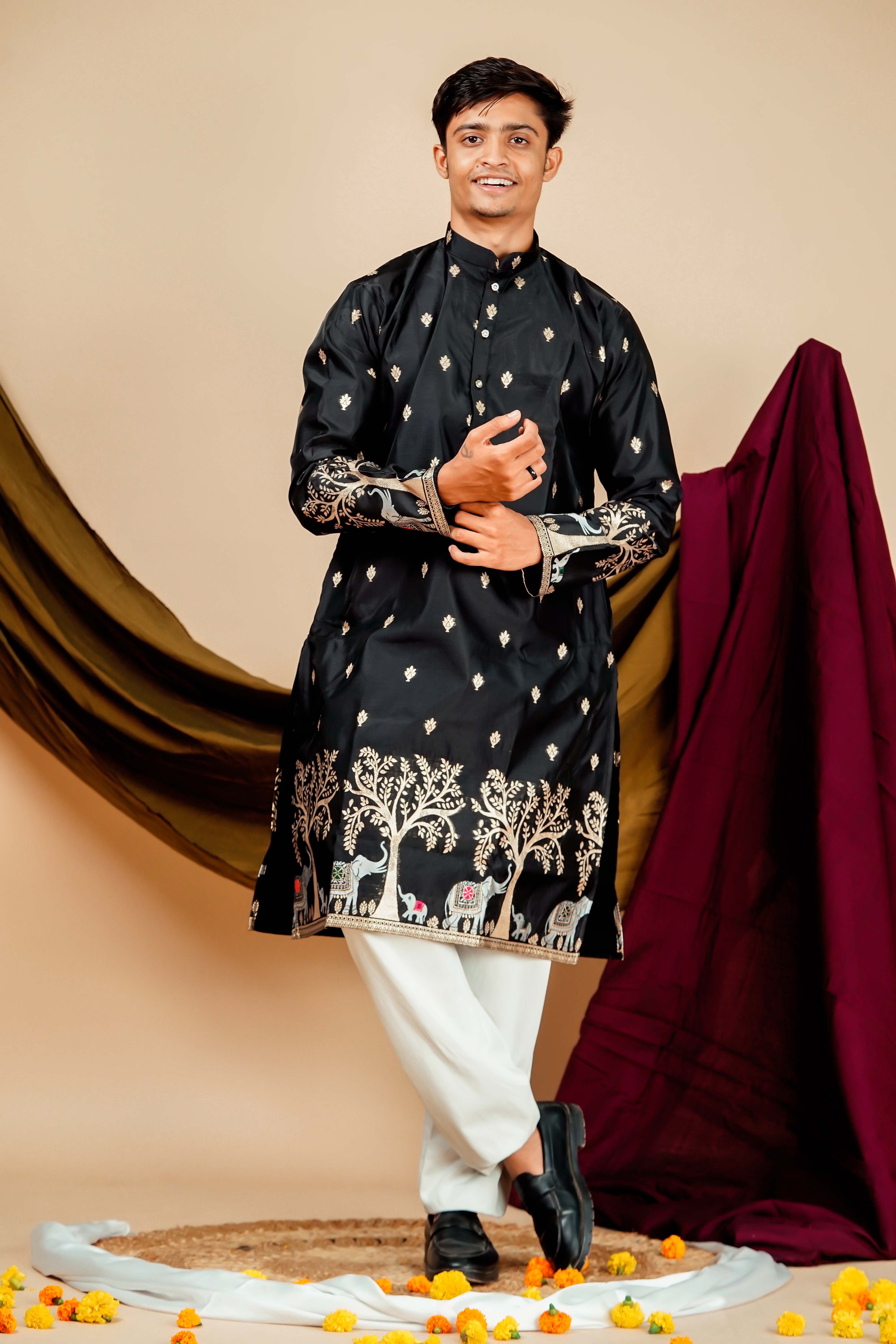 Black Gold Foil Applique Motifs Work Men's Kurta
