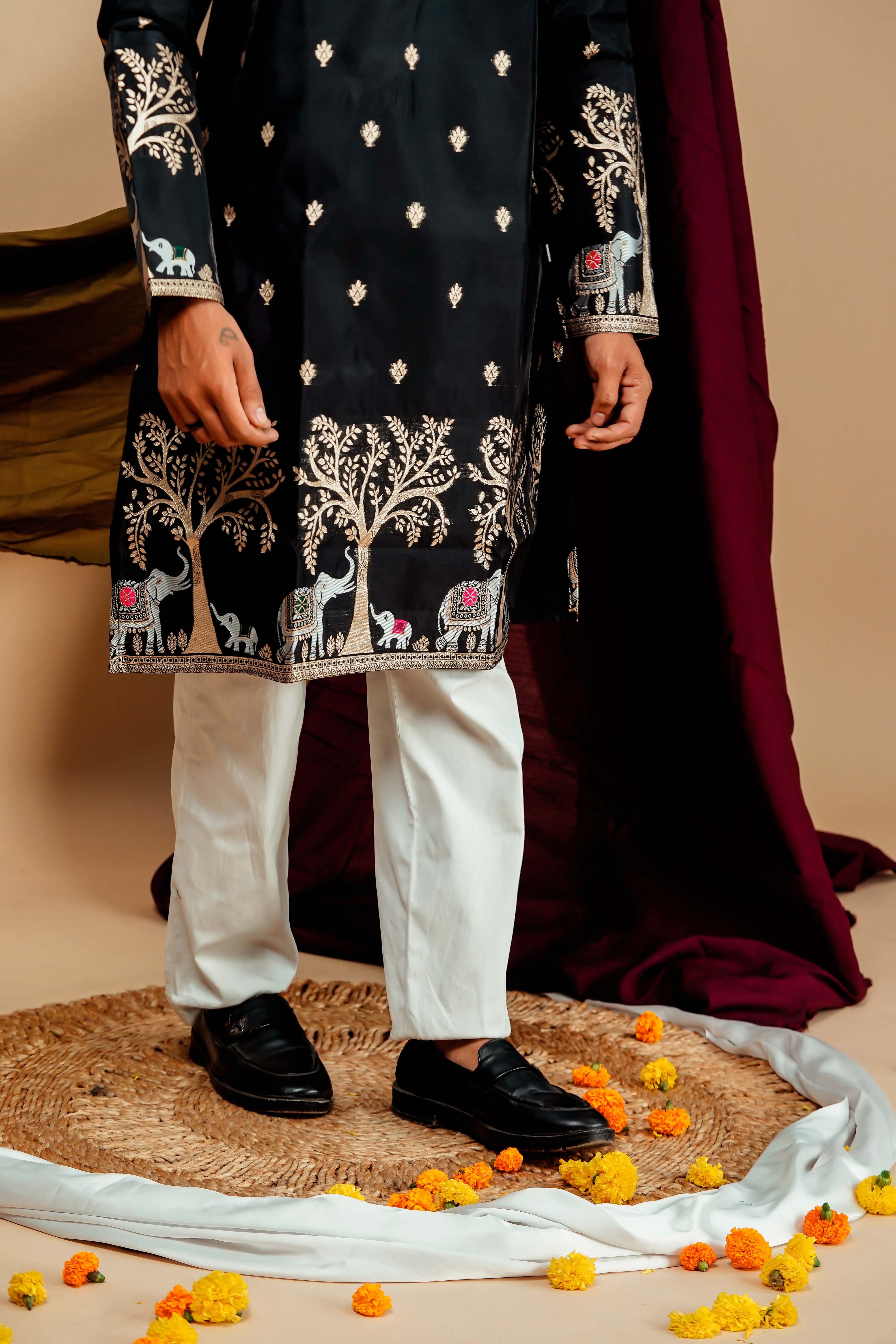 Black Gold Foil Applique Motifs Work Men's Kurta