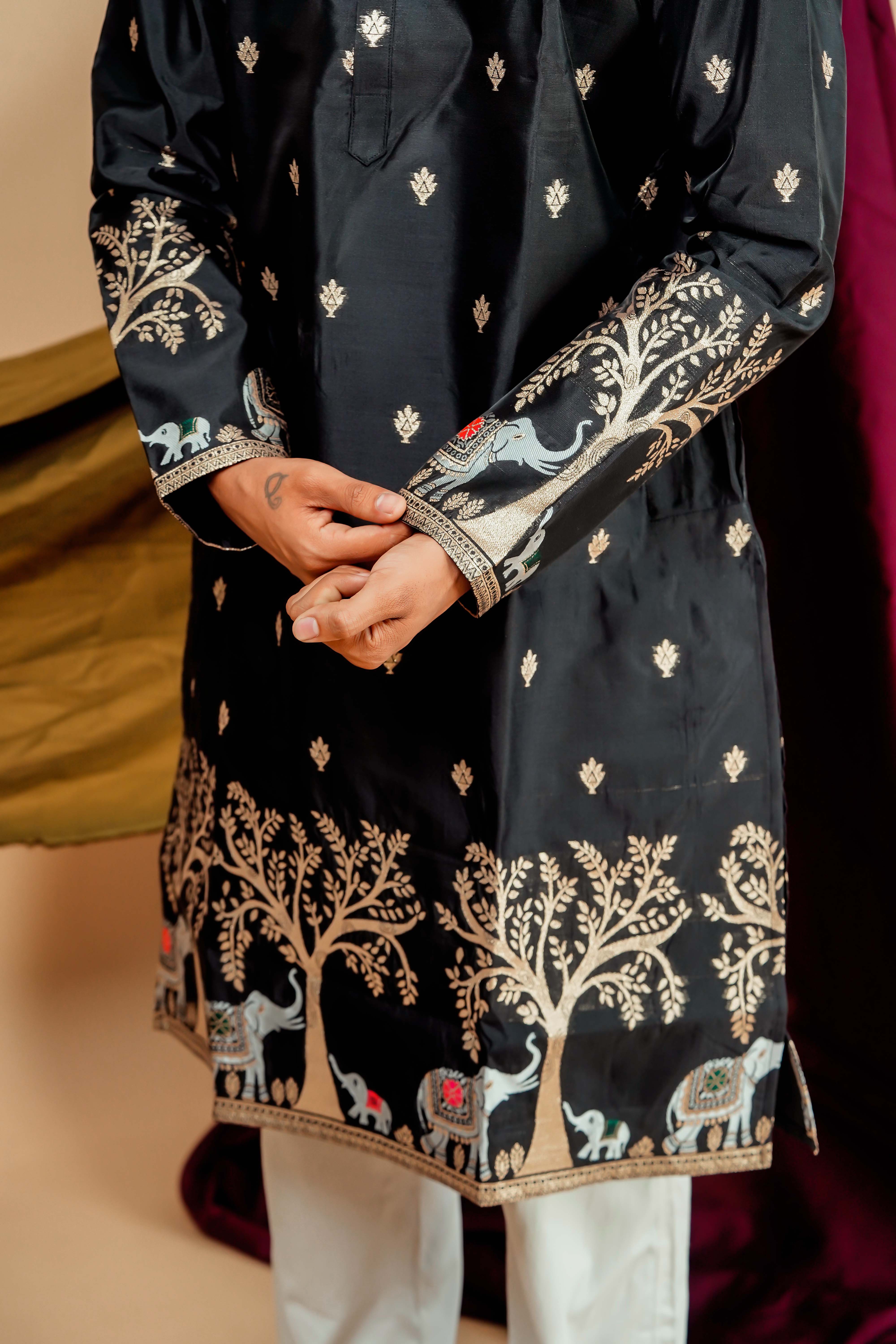 Black Gold Foil Applique Motifs Work Men's Kurta