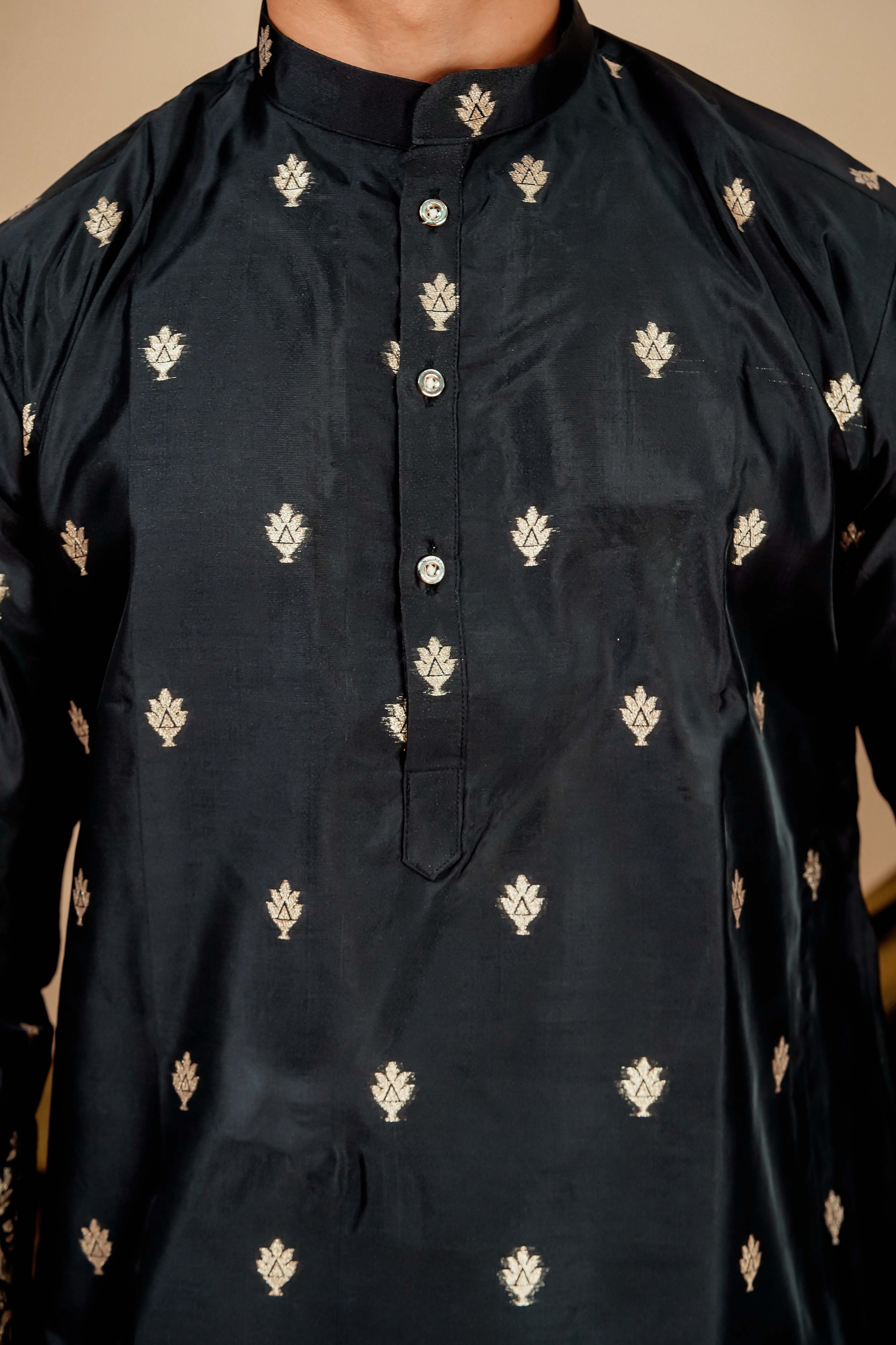 Black Gold Foil Applique Motifs Work Men's Kurta