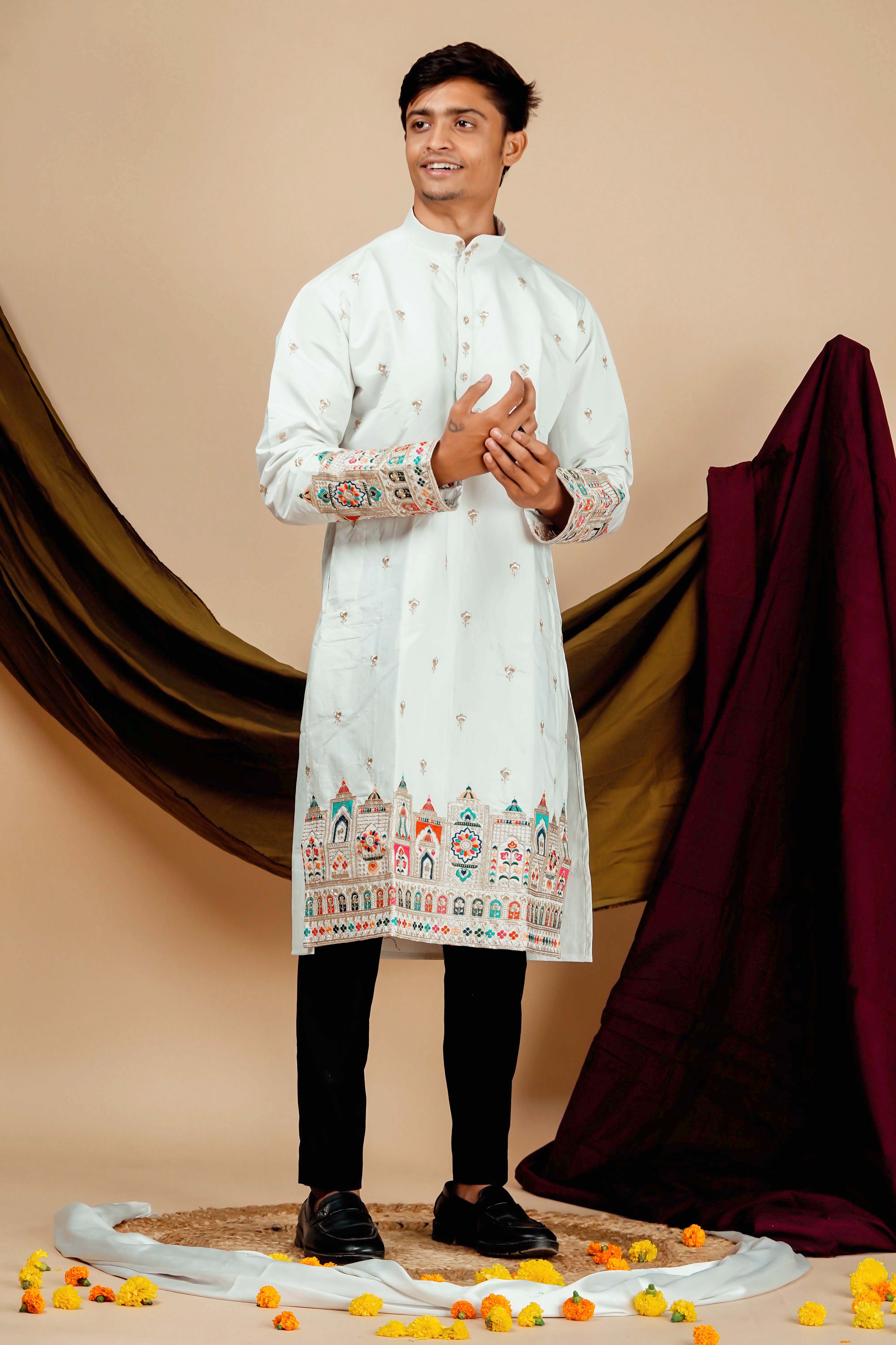 Rajmahal Embroidery designer White Men's Kurta