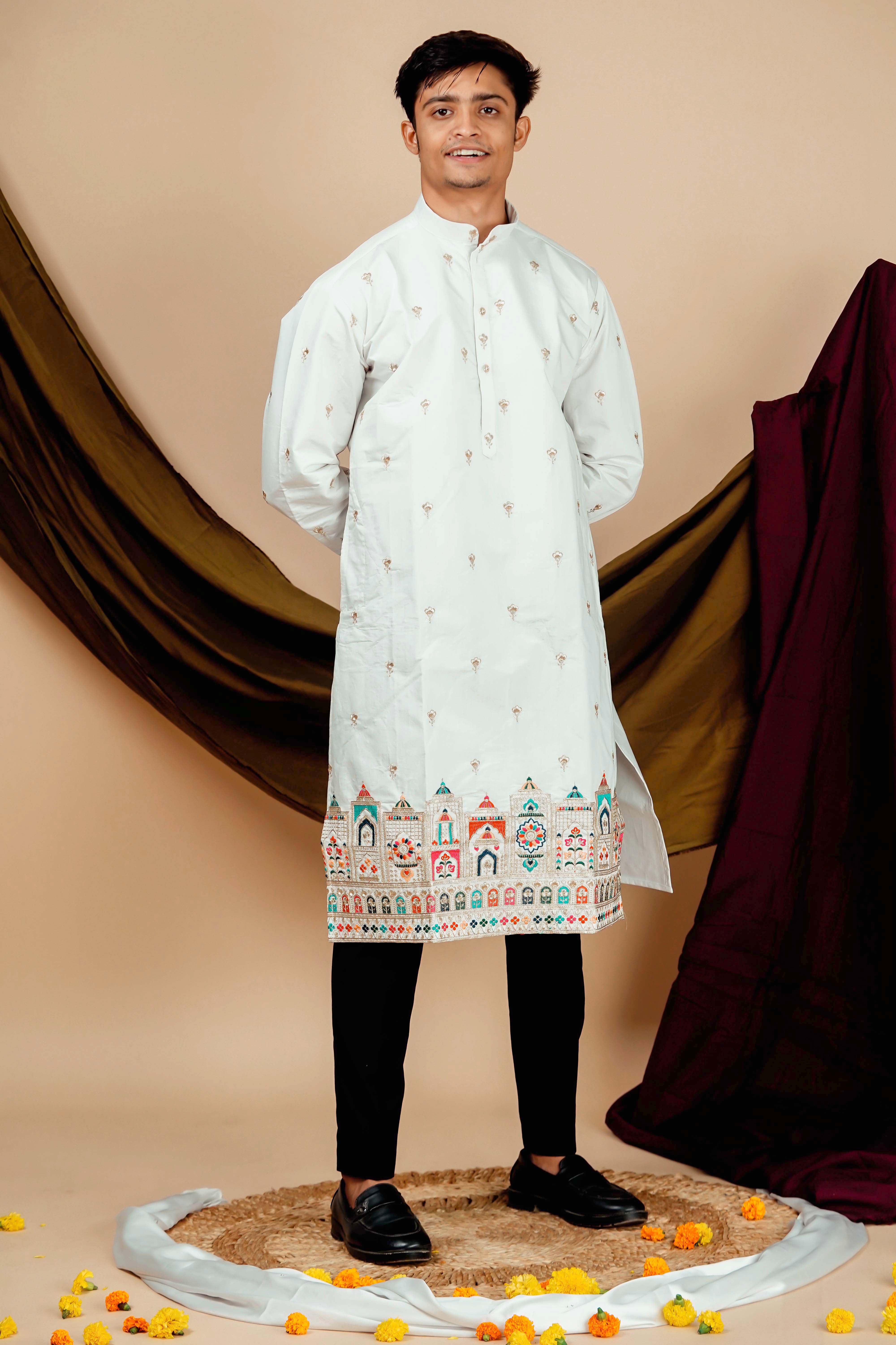 Rajmahal Embroidery designer White Men's Kurta