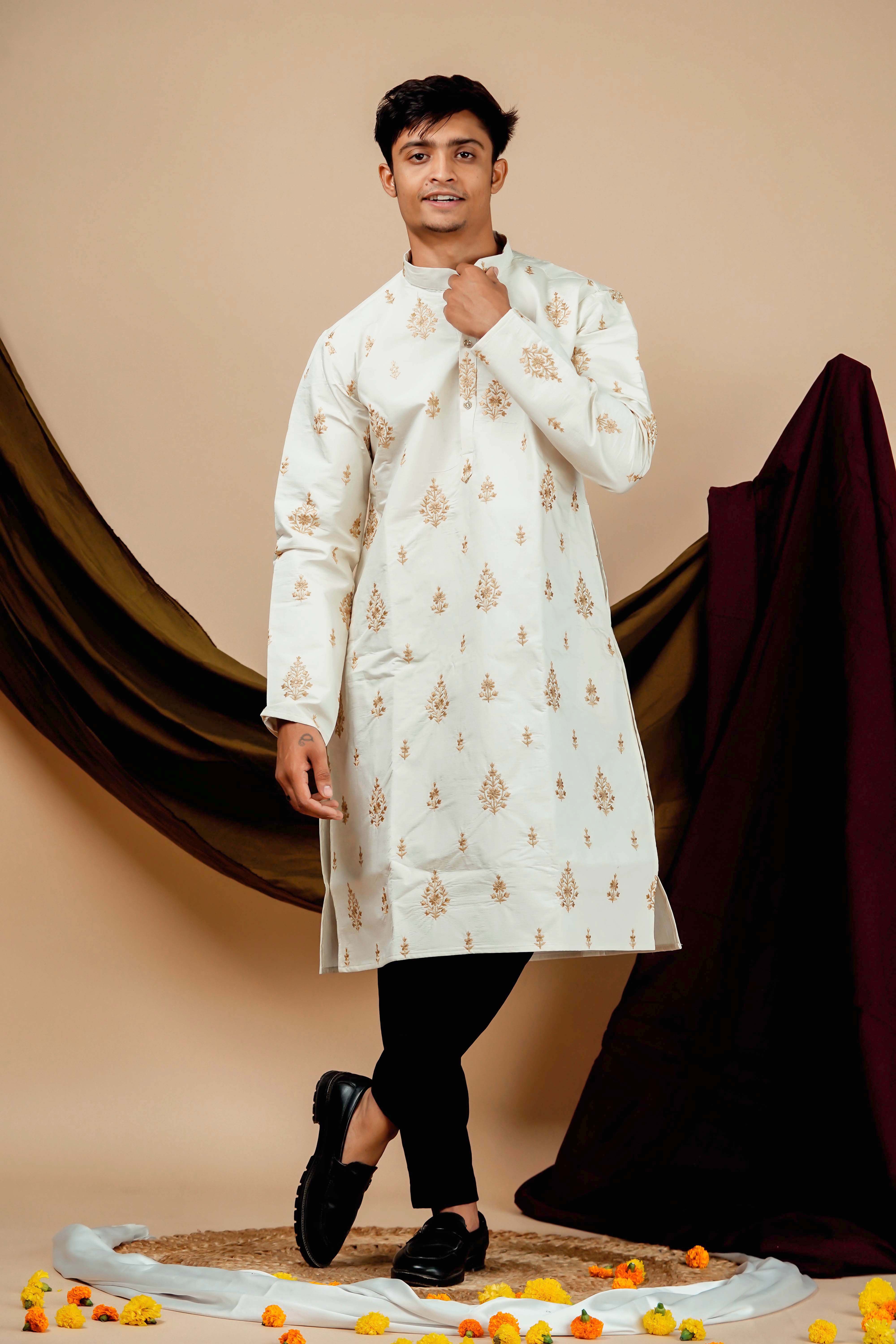 White golden Leaf Embrodery Work Men's Kurta