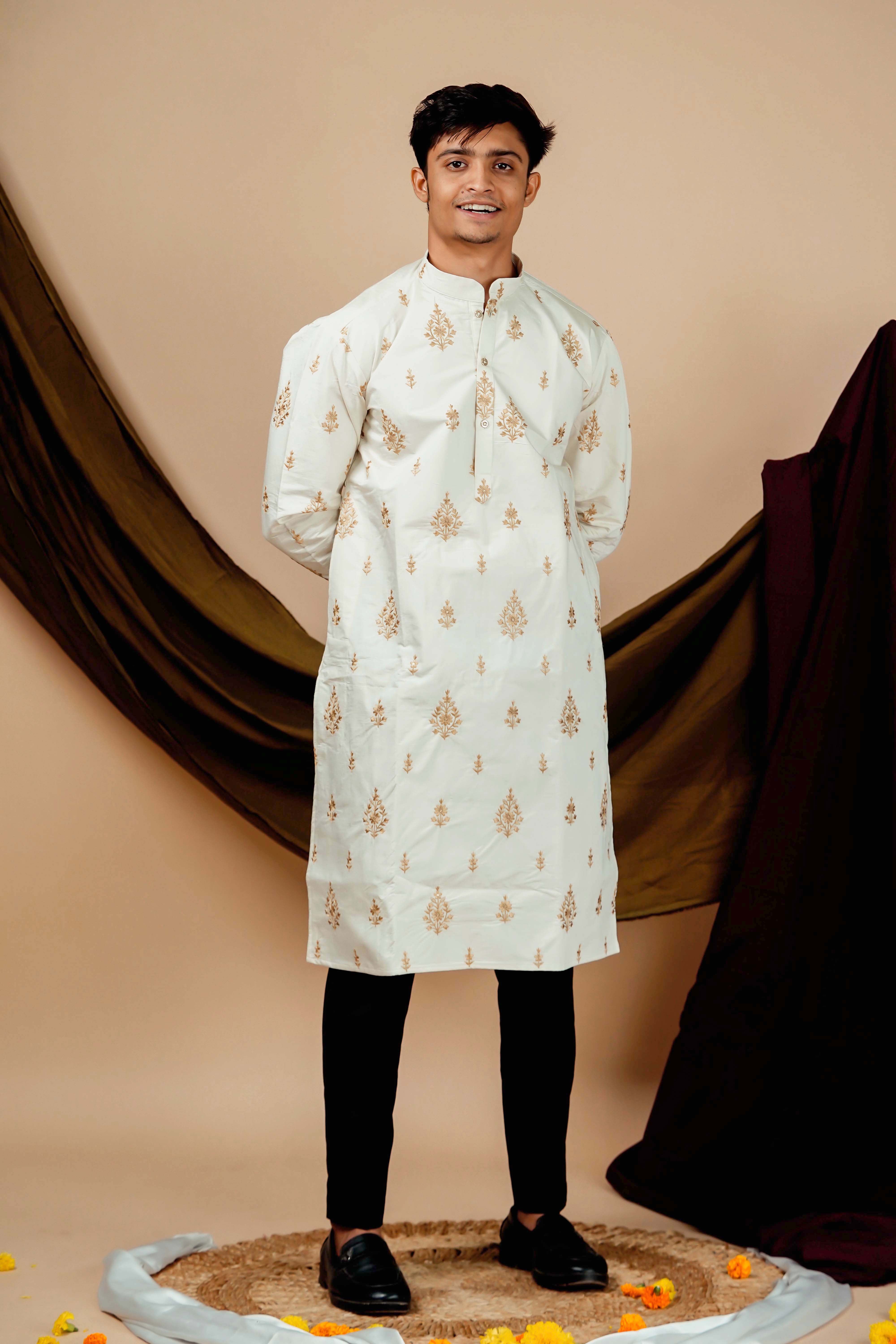 White golden Leaf Embrodery Work Men's Kurta