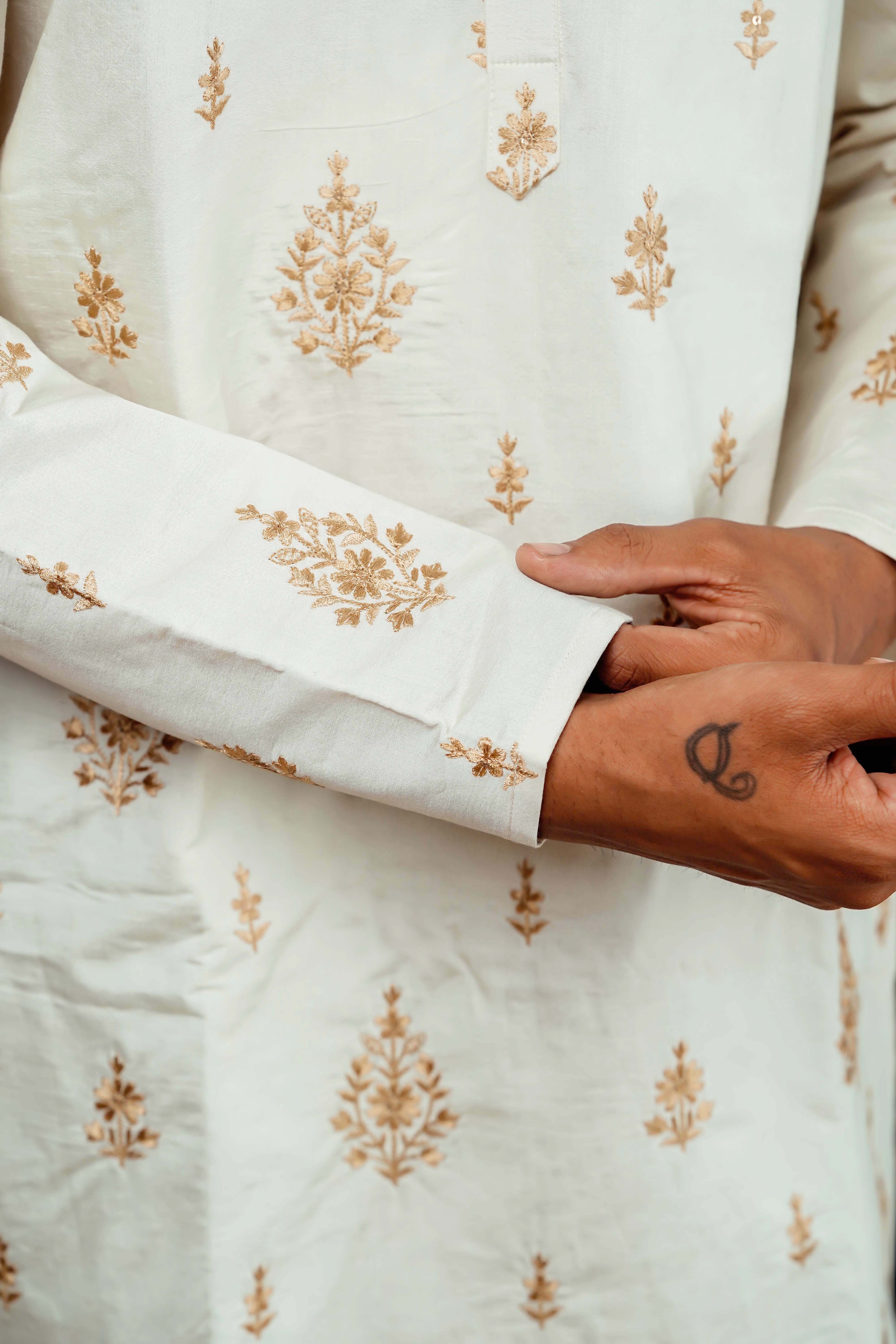 White golden Leaf Embrodery Work Men's Kurta