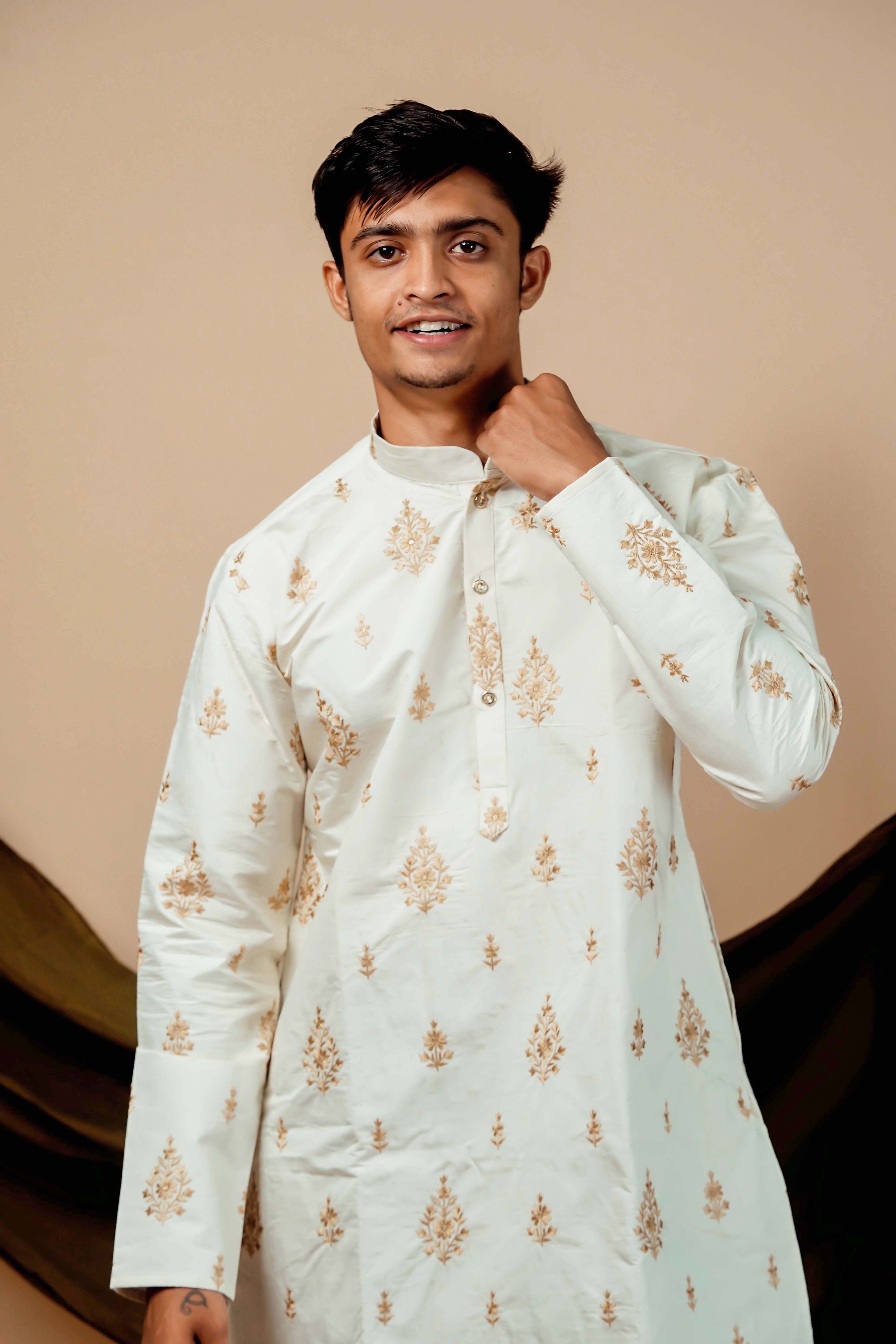 White golden Leaf Embrodery Work Men's Kurta