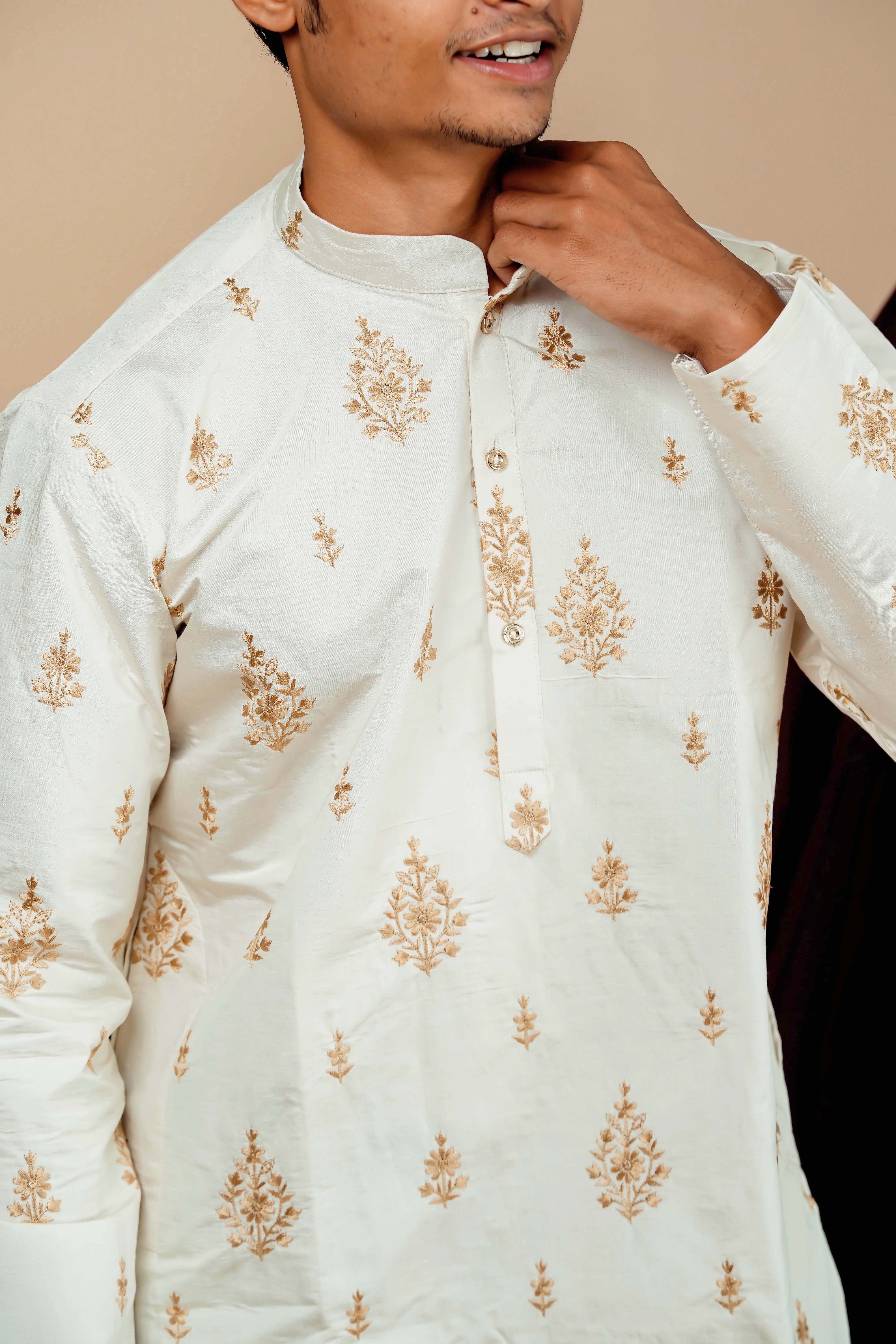 White golden Leaf Embrodery Work Men's Kurta