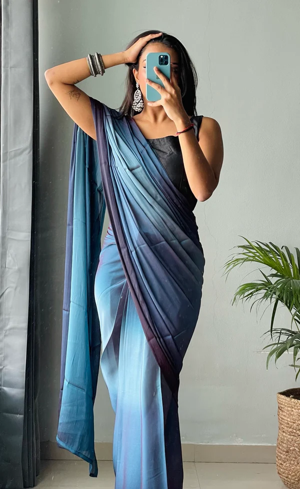 Sanghosha Swedish Blue Premium  1-Minute Ready To Wear Multicolor Georgette Saree