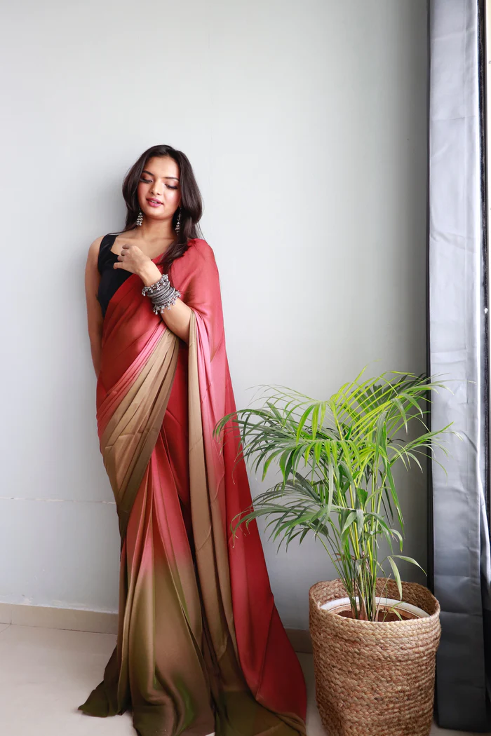 Sanghosha Peach Beauty Premium 1-Minute Ready To Wear Multicolor Georgette Saree