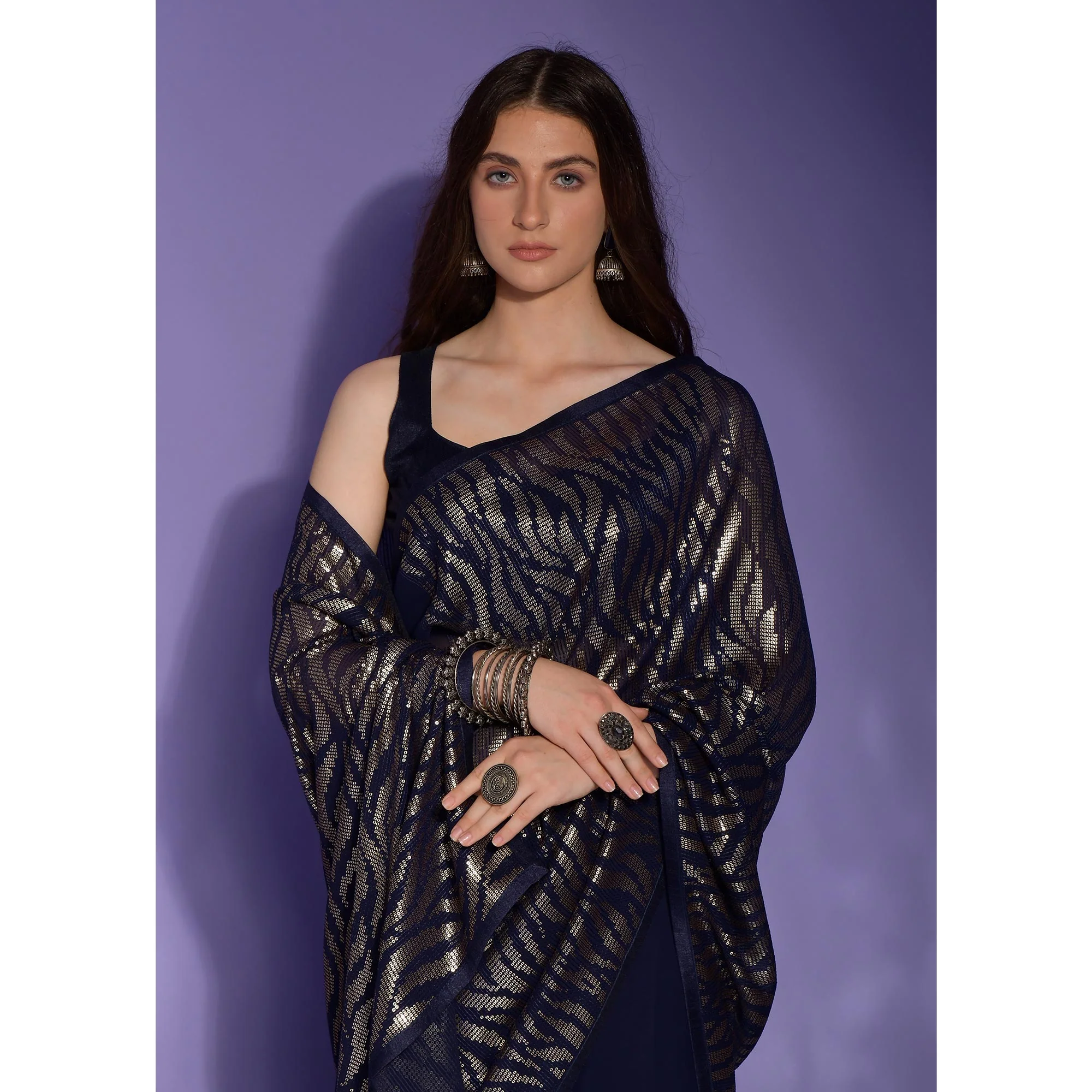 ready to wear saree inspired nevy blue and gold-toned sequence Embroidery work saree-Bridesmaid 1 min Georgette saree with partywear sari