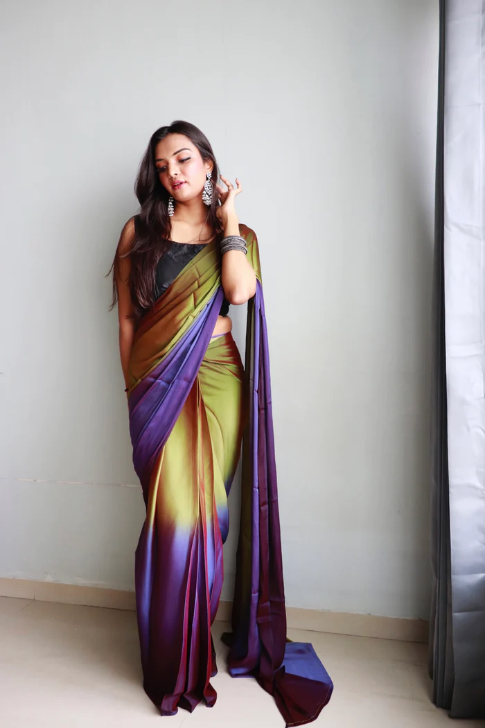 Sanghosha Evening Green Premium 1-Minute Ready To Wear Multicolor Georgette Saree