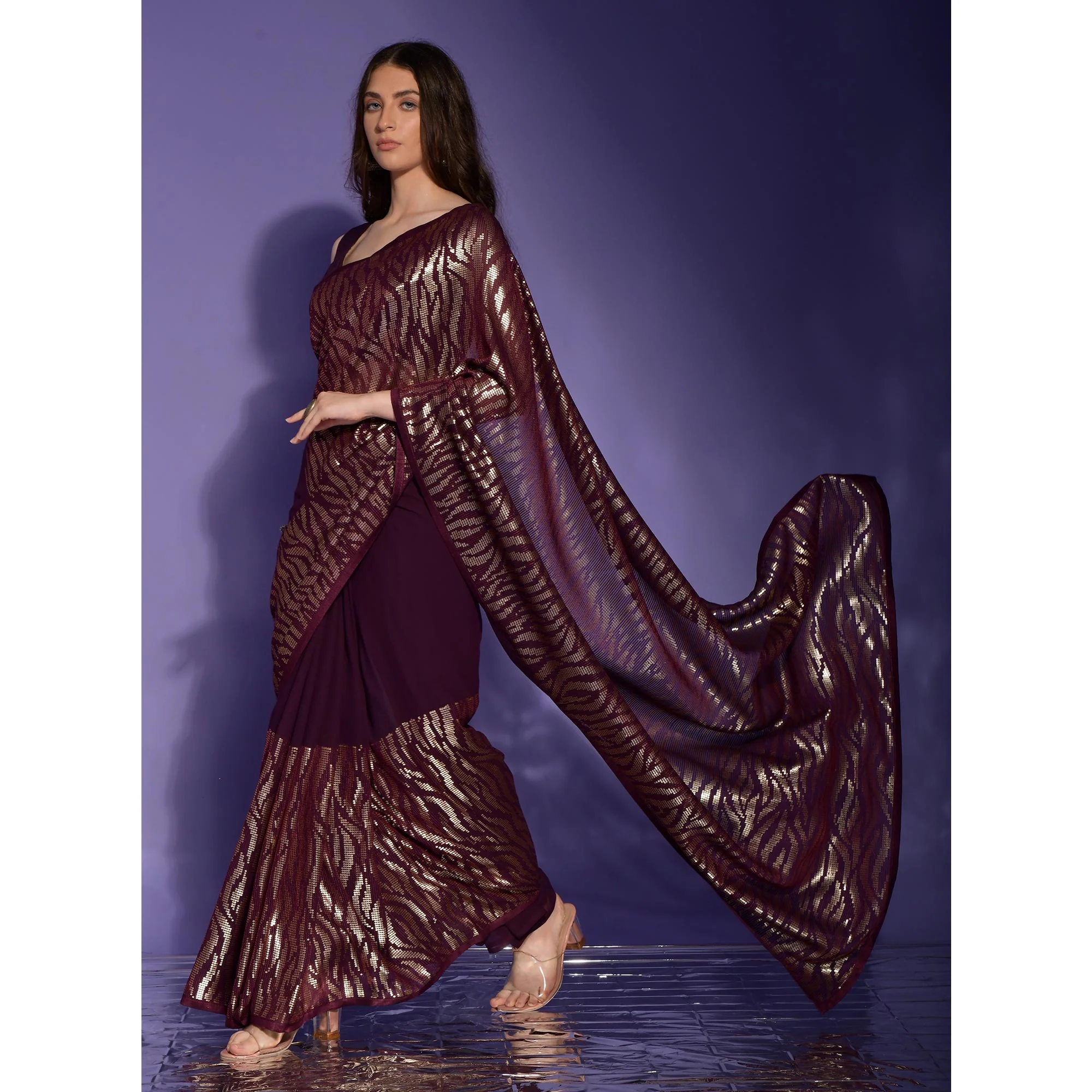 ready to wear saree inspired Wine and gold-toned sequence Embroidery work saree-Bridesmaid 1 min Georgette saree with partywear sari