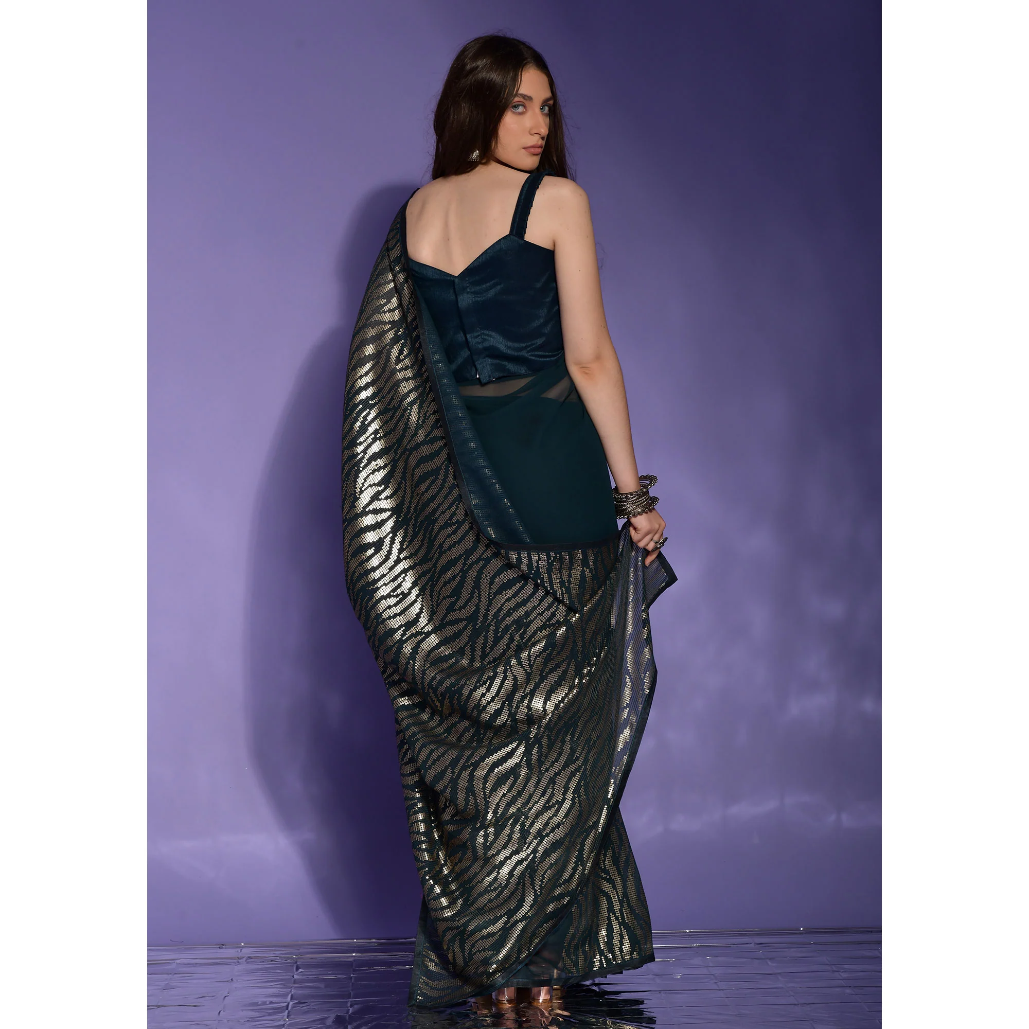 ready to wear saree inspired Morpich and gold-toned sequence Embroidery work saree-Bridesmaid 1 min Georgette saree with partywear sari