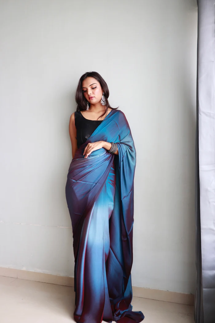 Sanghosha Swedish Blue Premium  1-Minute Ready To Wear Multicolor Georgette Saree