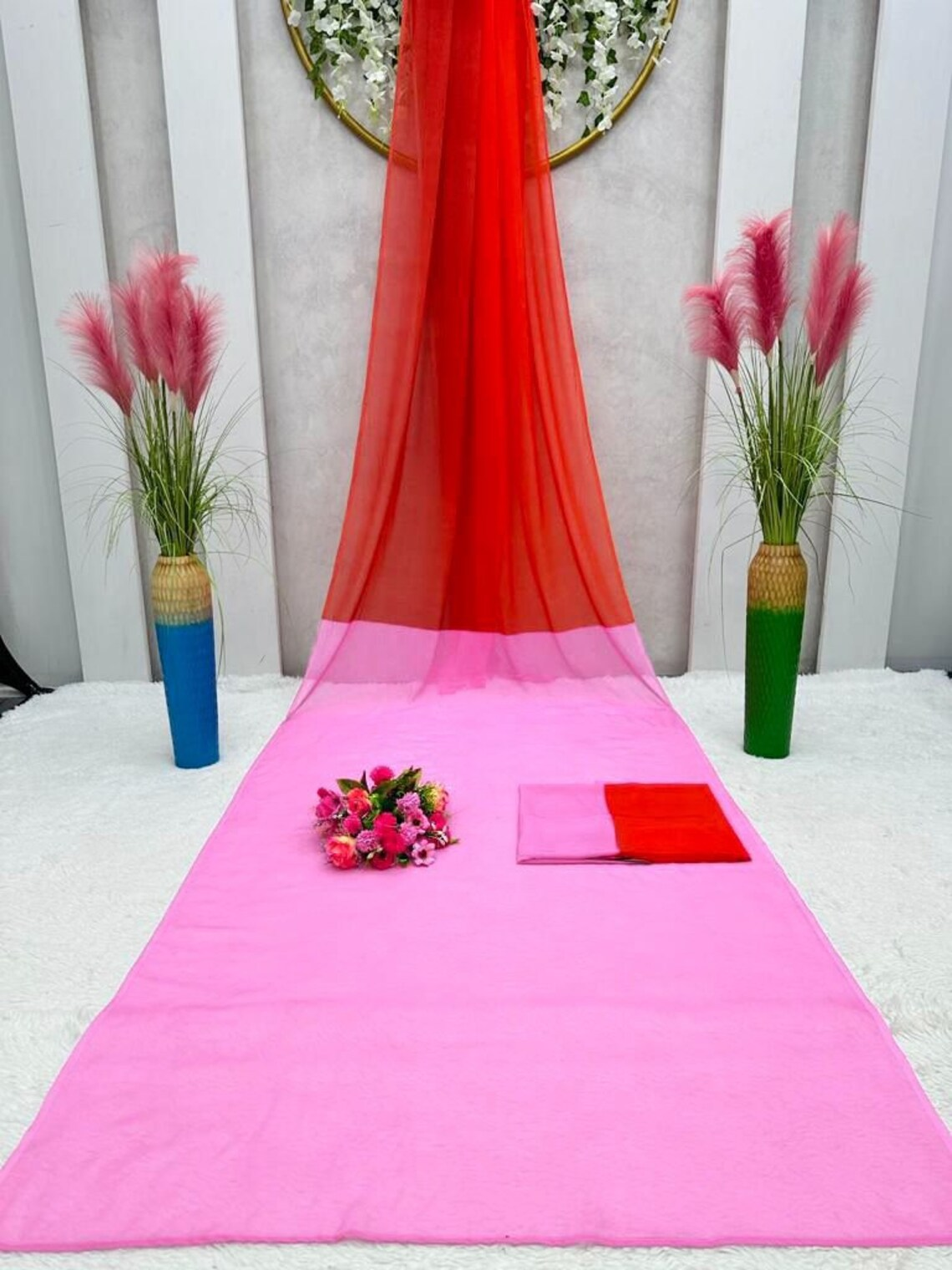 alia bhatt bollywood saree Red and baby pink georgette printed