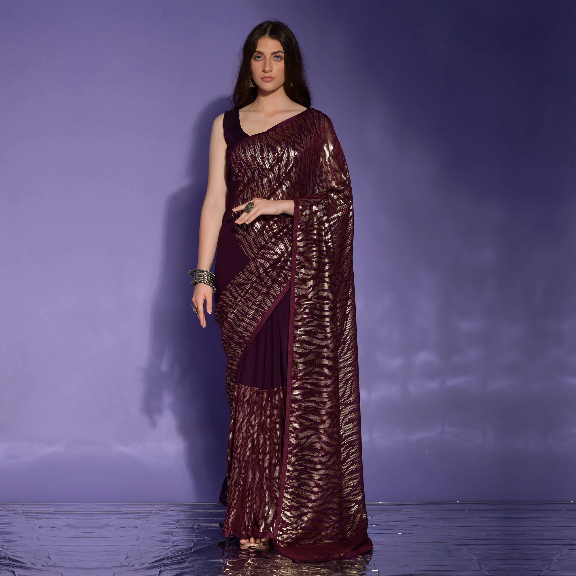 ready to wear saree inspired Wine and gold-toned sequence Embroidery work saree-Bridesmaid 1 min Georgette saree with partywear sari