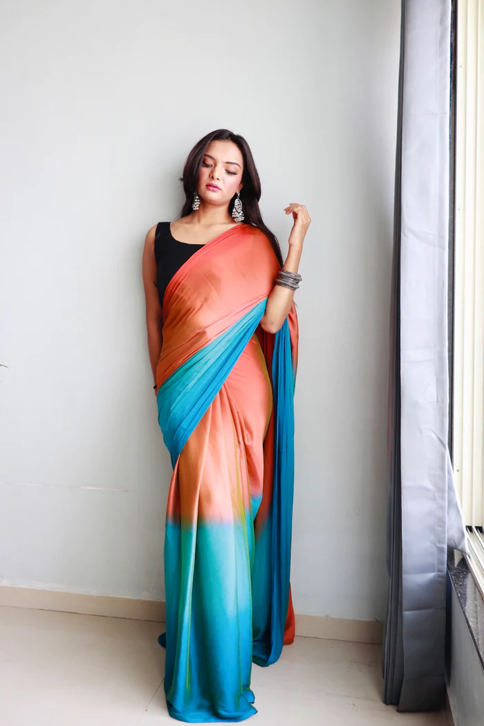 Sanghosha Orange Rust Premium 1-Minute Ready To Wear Multicolor Georgette Saree