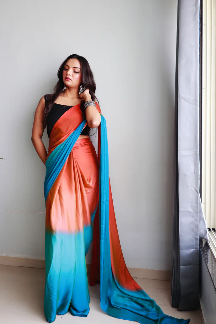 Sanghosha Orange Rust Premium  1-Minute Ready To Wear Multicolor Georgette Saree